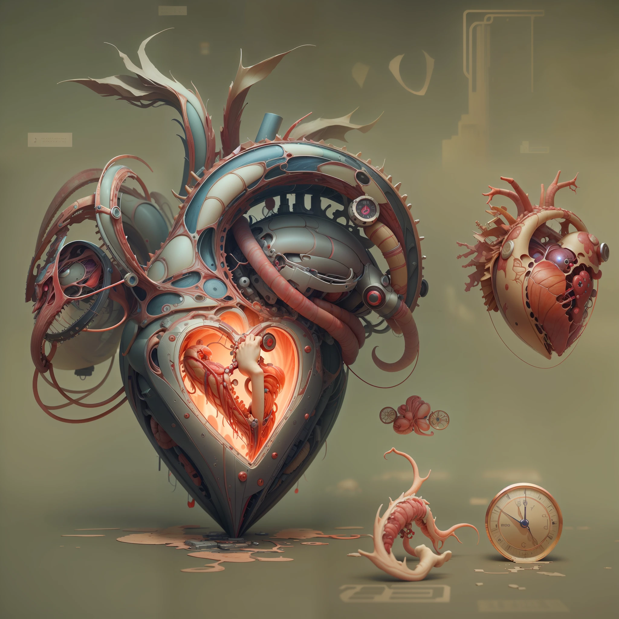 best qualtiy,tmasterpiece,超高分辨率,(realisticlying:1.4),absurderes,intriguing,High color saturation,1 heart,3D Anatomy,Glow-emitting pulsating veins,sci-fy,3D mechanical biological heart, fanciful,Beautiful 3D human heart decoration design,hisui/Gold and Copper/The golden dragon/Mechanical dial/Embedded in the heart of a living creature,BioPunkAI