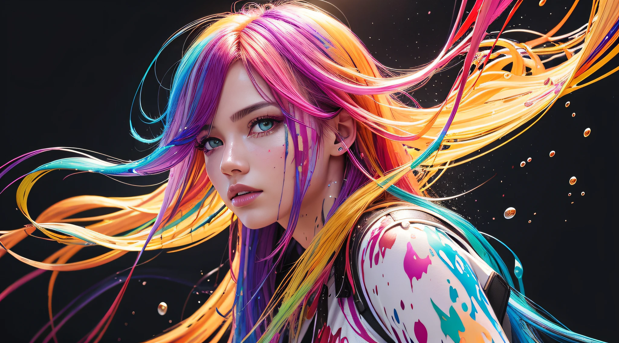 8k, RAW photo, realistic, photo-realistic, hyper-realistic, highest quality, best quality, masterpiece, highly detailed, absurdres,
masterpiece, best quality, (extremely detailed CG unity 8k wallpaper, masterpiece, best quality, ultra-detailed, best shadow), (detailed background), (beautiful detailed face, beautiful detailed eyes), High contrast, (best illumination), 1girl, Australian, multicoloured hair, beautiful, ((colourful paint splashes on transparent background, dulux)), ((caustic)), dynamic angle,beautiful detailed glow,full body, cowboy shot,