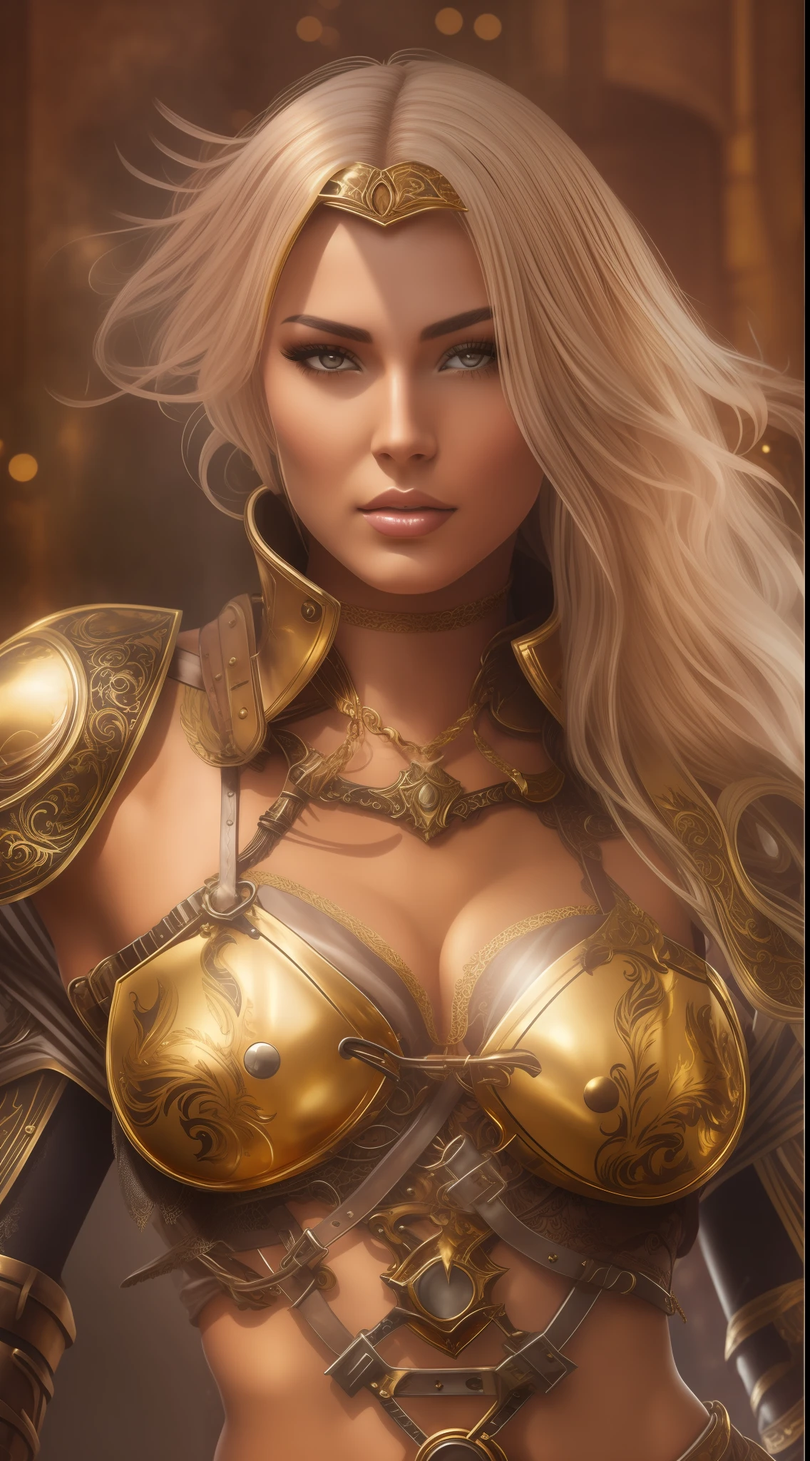 a woman in a gold lingersuit and garters posing for a picture, metal bikini, a sexy blonde warrior, dressed in belts bikini, bikini armor female knight, a steampunk beautiful goddess, bikini armor, ornate bikini armor, seductive cyberpunk dark fantasy, bikini-armor, bikini armour, sexy body, sexy girl, cinematic goddess body shot, fantasy outfit