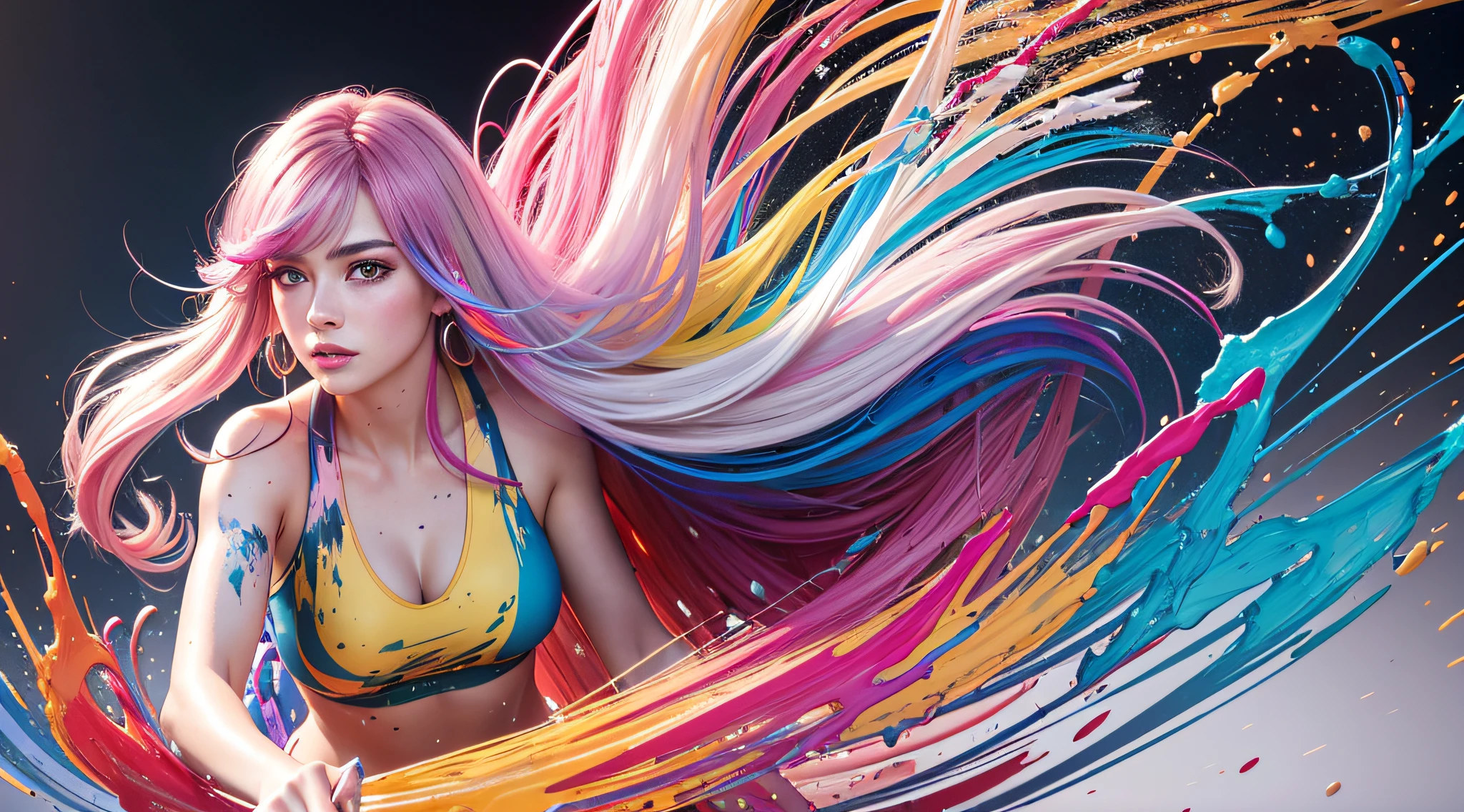 8k, RAW photo, realistic, photo-realistic, hyper-realistic, highest quality, best quality, masterpiece, highly detailed, absurdres,
masterpiece, best quality, (extremely detailed CG unity 8k wallpaper, masterpiece, best quality, ultra-detailed, best shadow), (detailed background), (beautiful detailed face, beautiful detailed eyes), High contrast, (best illumination), 1girl, Australian, multicoloured hair, beautiful, ((colourful paint splashes on transparent background, dulux)), ((caustic)), dynamic angle,beautiful detailed glow,full body, cowboy shot,