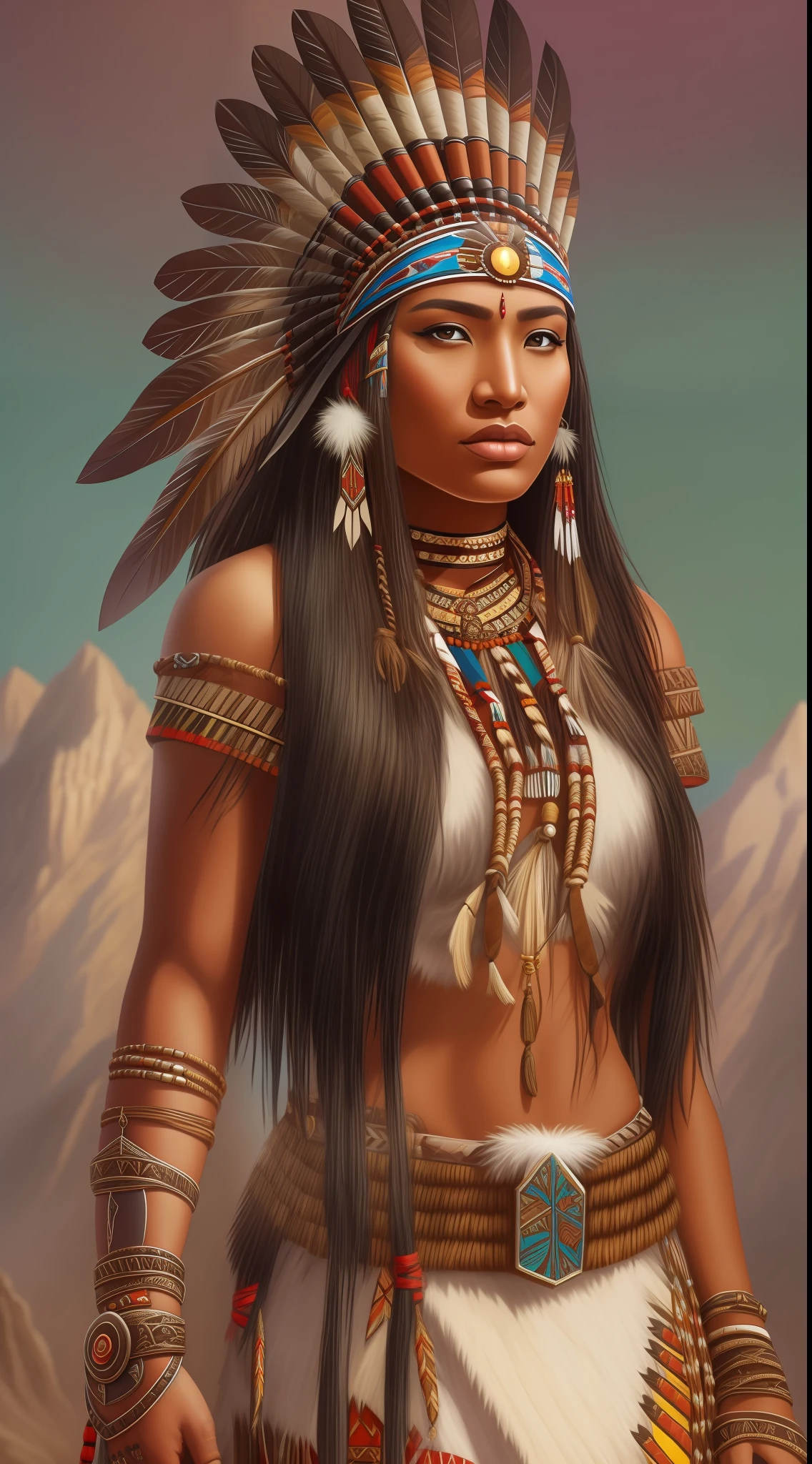 a woman in native clothing standing in front of a mountain, a digital rendering by Natasha Tan, tumblr, fantasy art, : native american shamen fantasy, warrior woman, native american, a beautiful woman warrior, warrior princess, warrior girl, wearing a native american choker, beautiful female warrior, native american warrior, aztec warrior goddess, pocahontas, a native american warrior