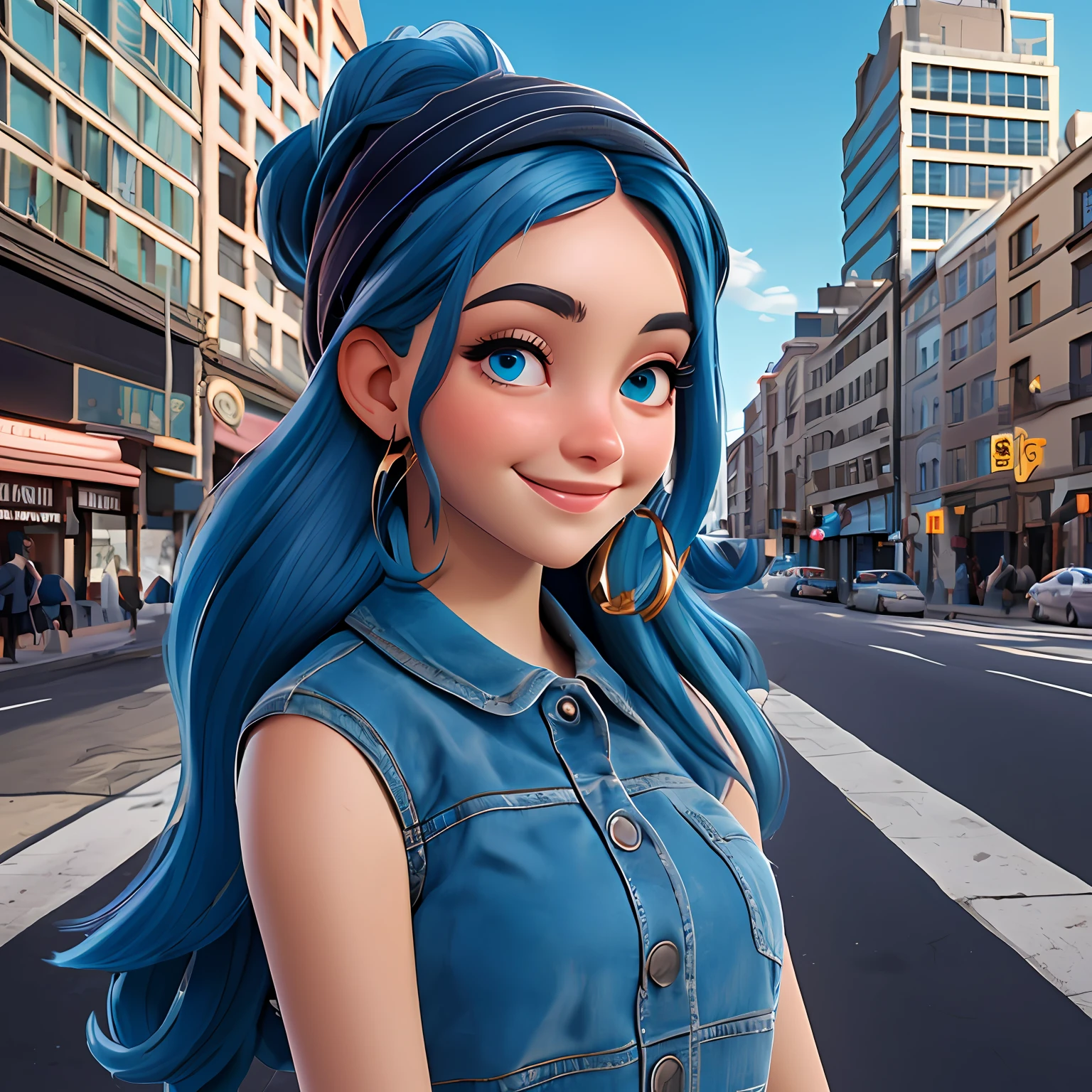 negra, adolescente, Vestido longo preto, sorriso claro, flor, ao ar livre, turbante, Seu cabelo esta preso, tom azul claro e dread's azul escuro e preto, corpo inteiro, The background is filled with an urban tone of the city, evoking a sense of lightness and happiness.