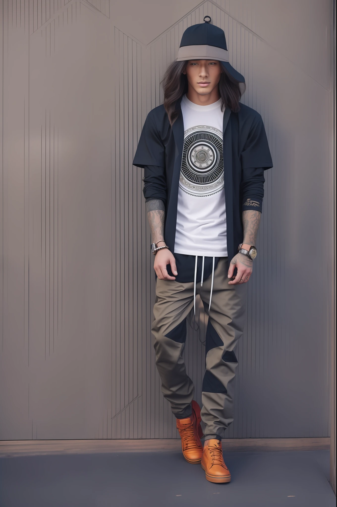 Design a trendy T-shirt,A blend of Mongolian charm and ethnic totem,Show off fashion brands and fashion styles,Suitable for both men and women,It has the feel of street shooting,The pattern details are exquisite,The picture quality reaches 8K level。Men's model,baggy,massiness,Hip-hop wind,