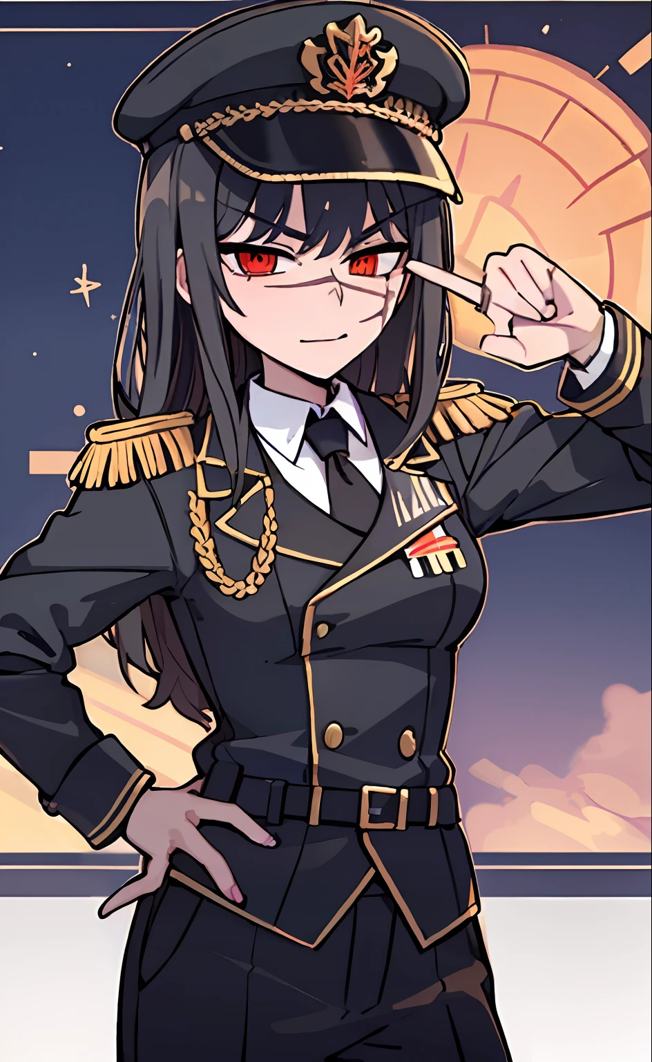 (masterpiece, best quality: 1.2), Solo, 1girl, Yoru \(Chainsaw Man\), looking at the viewer, different poses, red eye, long hair, completely black hair, reference to clothing of a German WWII general, black long sleeves (best quality), scar on face, beautiful eyes, has only 2 arms, has war medals on his clothes, Black Military Cap, Golden Eagle Medal on Clothing, (Wallpaper), (8K HD), (8K HD), Golden Shoulder Pads, Sprites, 1 Single Design (obra maestra, mejor calidad: 1.2), Solo, 1girl, Yoru \(Chainsaw Man\), mirando al espectador, sonrisa, MALVADA, diferentes poses, ojo rojos, cabello largo, cabello completamente negro, reference to clothing of a German general from World War II, mangas largas negras (mejor calidad), cicatriz en la cara, hermosos ojos, tiene solo 2 brazos, tiene medallas de guerra en su ropa, Gorra militar negra, Golden Eagle Medal in Dress, (fondo de pantalla), (8K HD), (8K HD), hombreras doradas, sprites, 1 single design