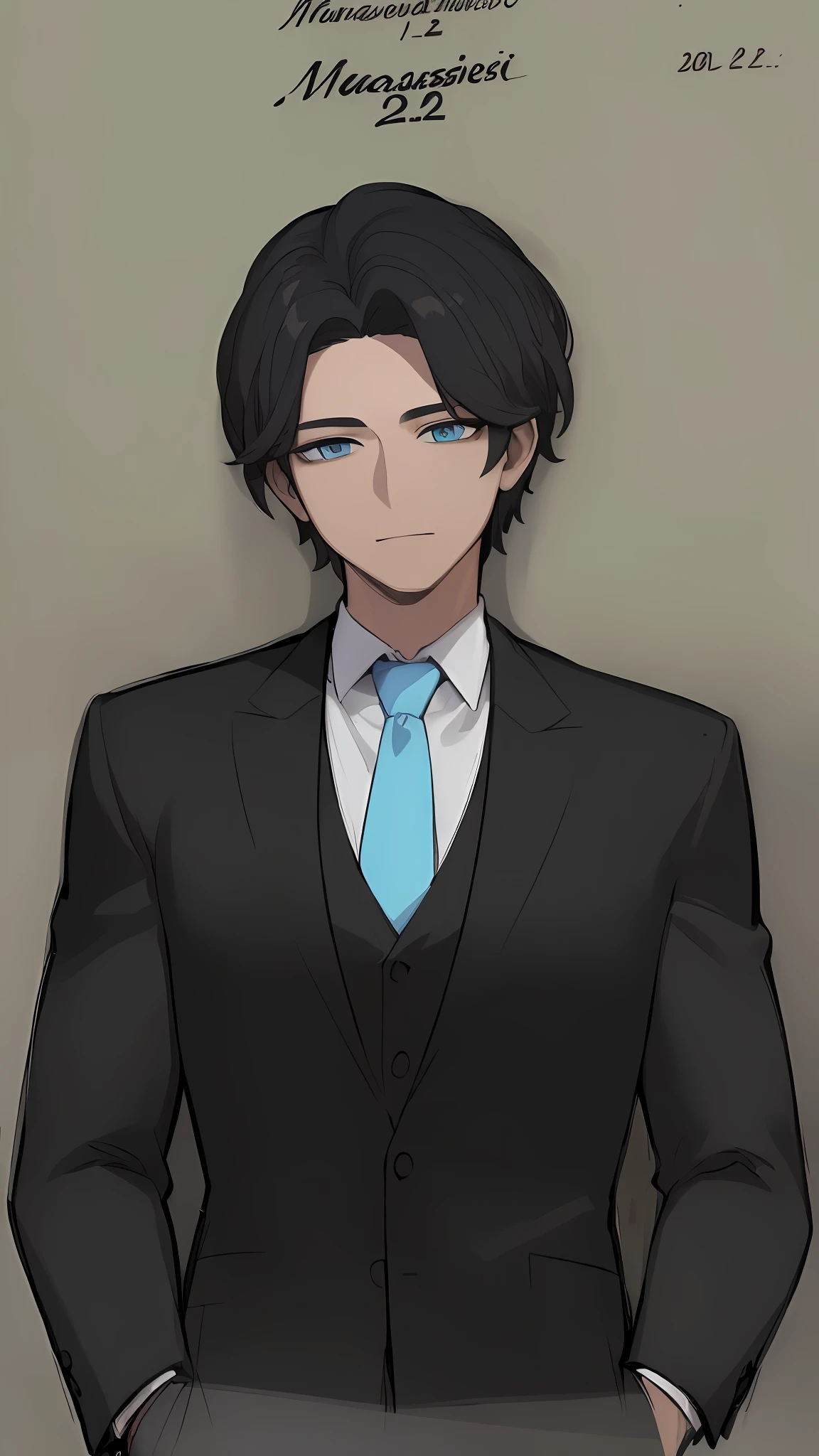 ((Masterpiece))), (((Best Quality))), ((Ultra-detailed)), (very detailed illustration), cinematiclight,, 1 guy ((Character Sheet)), (Concept art), ((full - body)), (Masterpiece: 1.2), (Best Quality: 1.3), 1 guy standing Guy in a formal suit . Dark hair, blue eyes