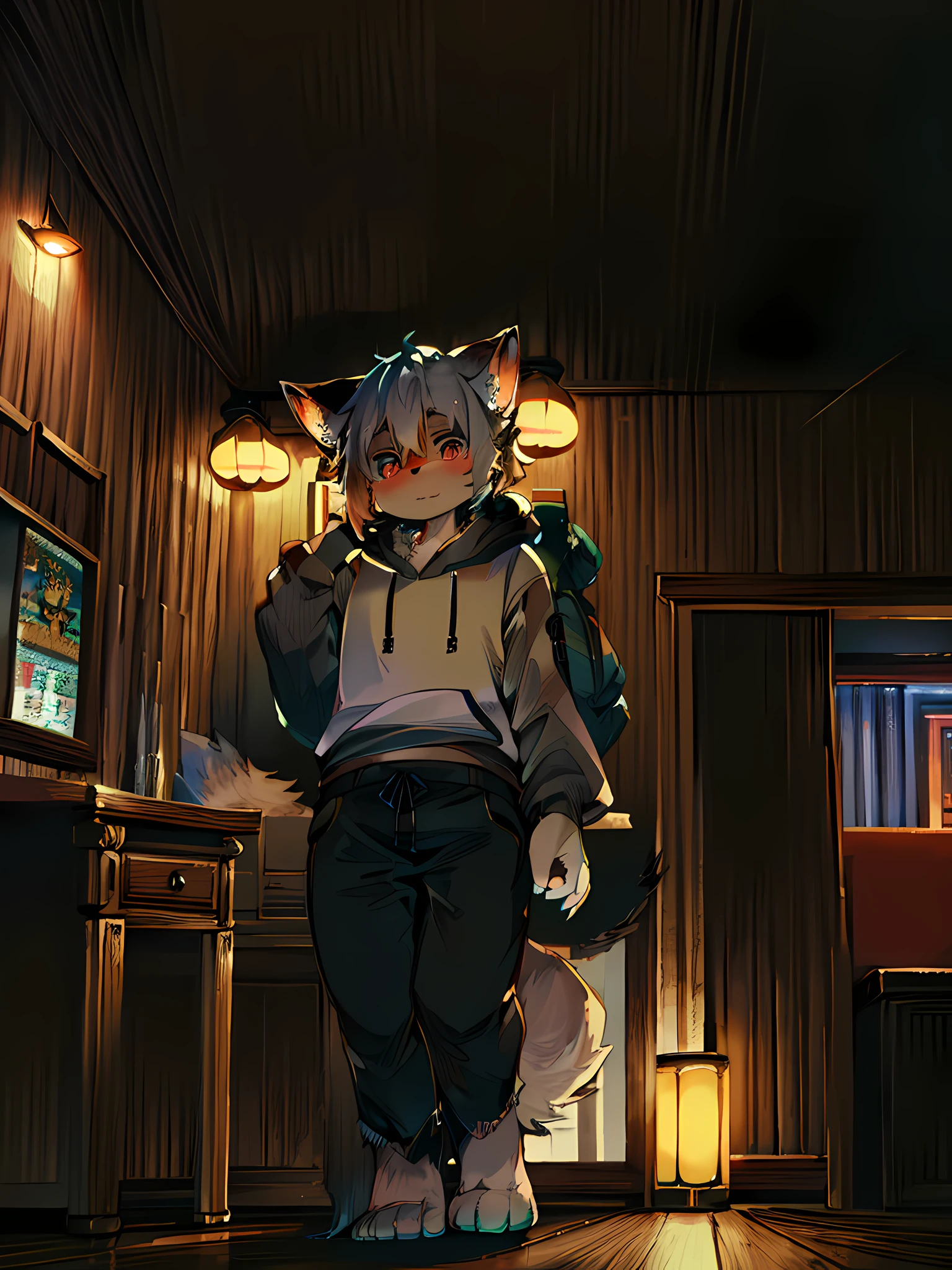 (ambiente dark:0.8),masterpiece,high quality,abstract res,digital painting\(artwork\), by dagasi, yupa,kiyosan,(anthro,fluffy fur,character focus:1.1),anthro male cat,short hair,portrait , eyes with brightness, in a panoramic view, Character focus.(detailedbackground:0.7), 独奏, shaggy, shaggy male, malefocus, anthr,(Full Body Furry, Fluffy tail, White fur, Heterochromic eyes, Gray hair:1.2), (long canines、Orc symbaroum、Sweatshirt：1.2），（interiors、the night、sobu、chair：1.1）