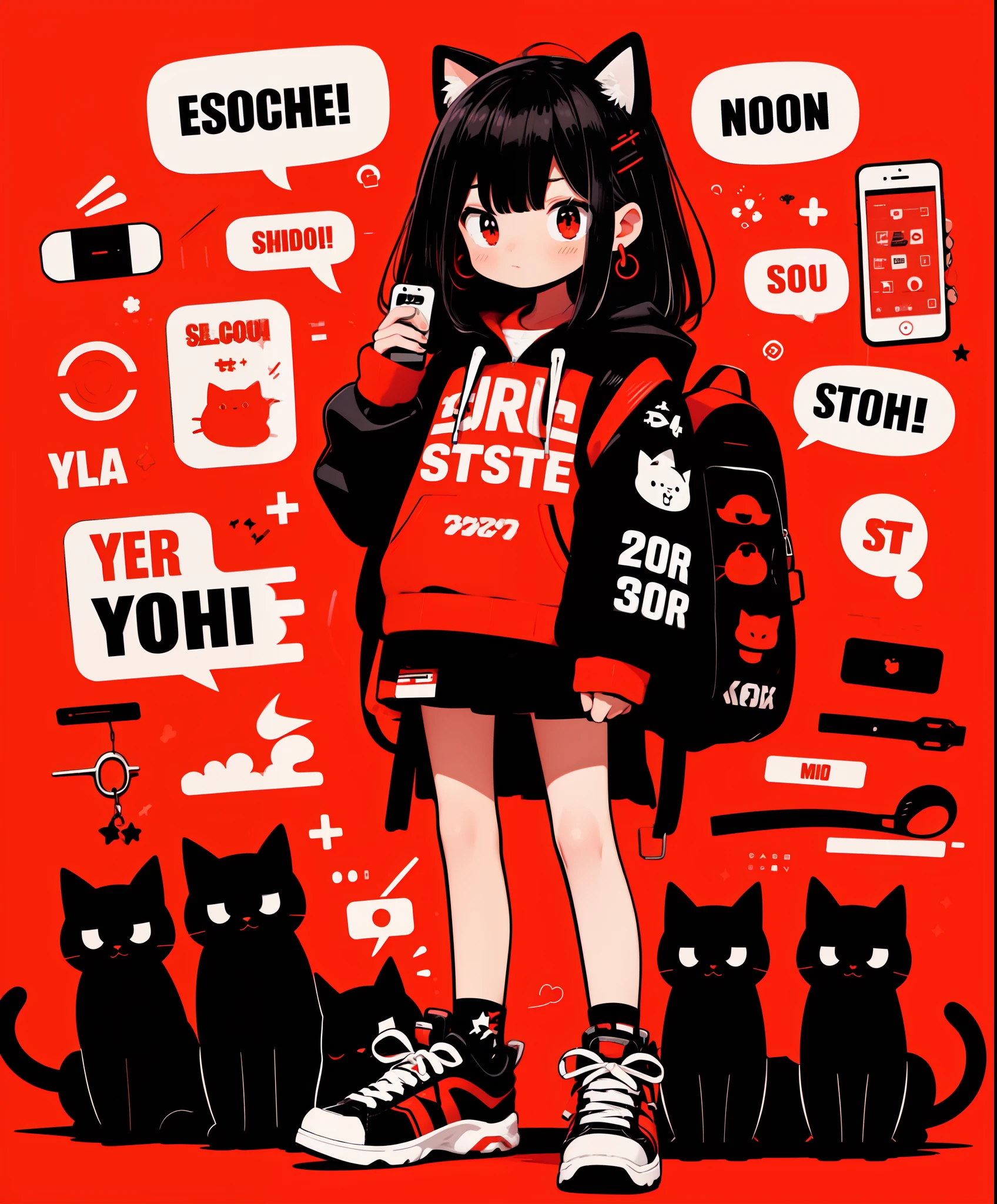 1girl, red eyes, red background, hood, backpack, cat, red hoodie, drawstring, black hair, shoes, hood down, hoodie, long sleeves, solo, bag, holding, hair ornament, english text, socks, earrings, white footwear, bangs, looking at viewer, jewelry, sneakers, phone, standing, blush, full body, skirt, medium hair, black socks, hairclip, red theme, speech bubble, holding phone, closed mouth, cellphone, sleeves past wrists, animal, short hair, simple background, black skirt,