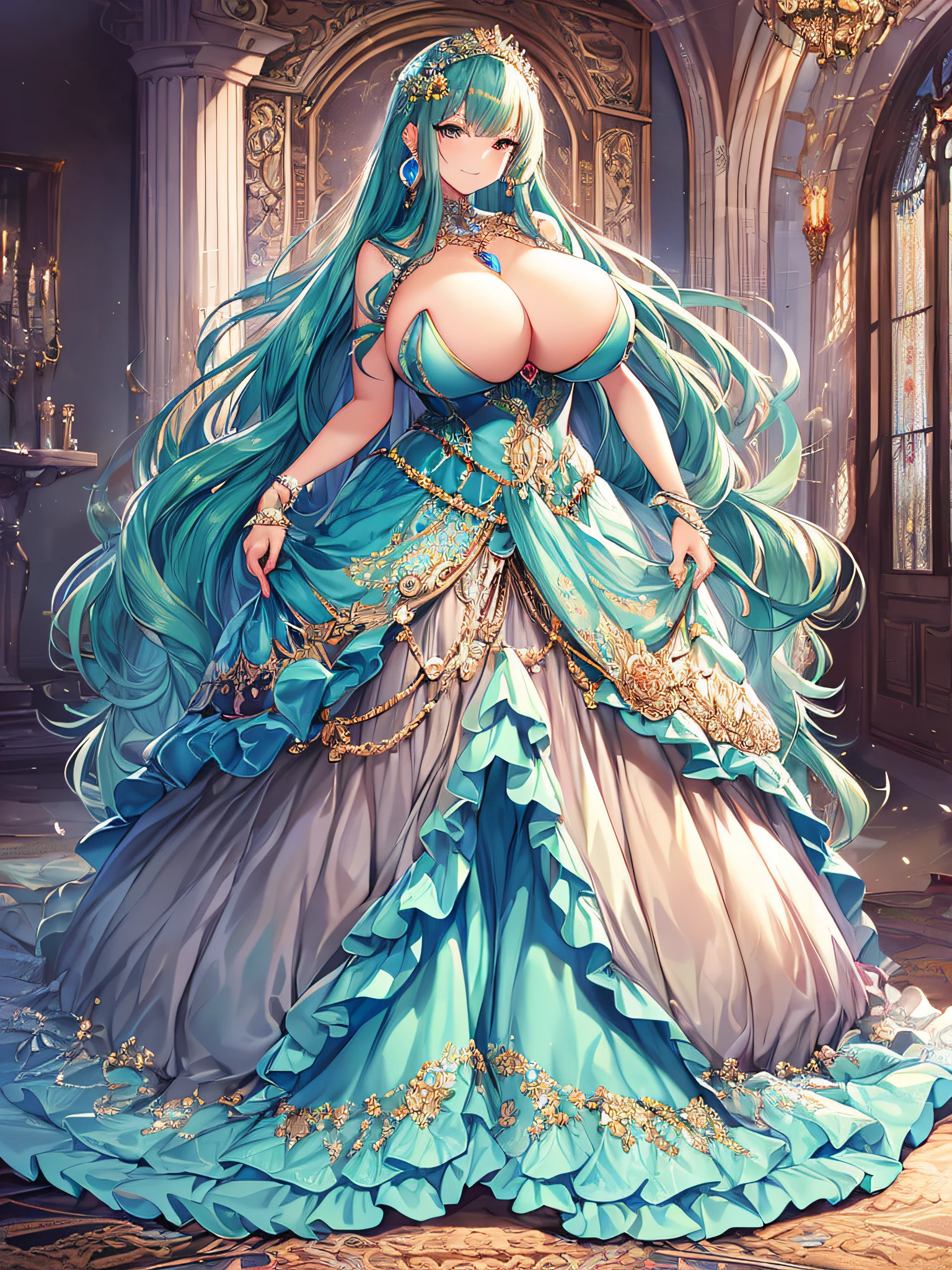 ((anime artstyle)),(Masterpiece),(Best Quality), (Super Detail),((Very Delicate and Beautiful)),((Solo)),((full body)),(((1 princess in beautiful embroidery and jeweled extremely gorgeous ball gown with voluminous skirt))),gorgeous gemstone jewelry,detailed face and eyes,jewel-like eyes,(seductive smile),((extremely voluminous Very Long Hair,Straight Hair)),((extremely gigantic tits,Long tits)),curvy,skindentation,(gorgeousfull embroidery and lace),gorgeous corsage,See-through,extremely gorgeousfull hair ornament,extremely gorgeousfull glitter jeweled tiara,ornate ruffles,((full body)),((hoop skirt,crinoline)),Dynamic Angle,Looking at viewer,((beautiful embroidery and jeweled extremely gorgeous ball gown with voluminous skirt)),full body