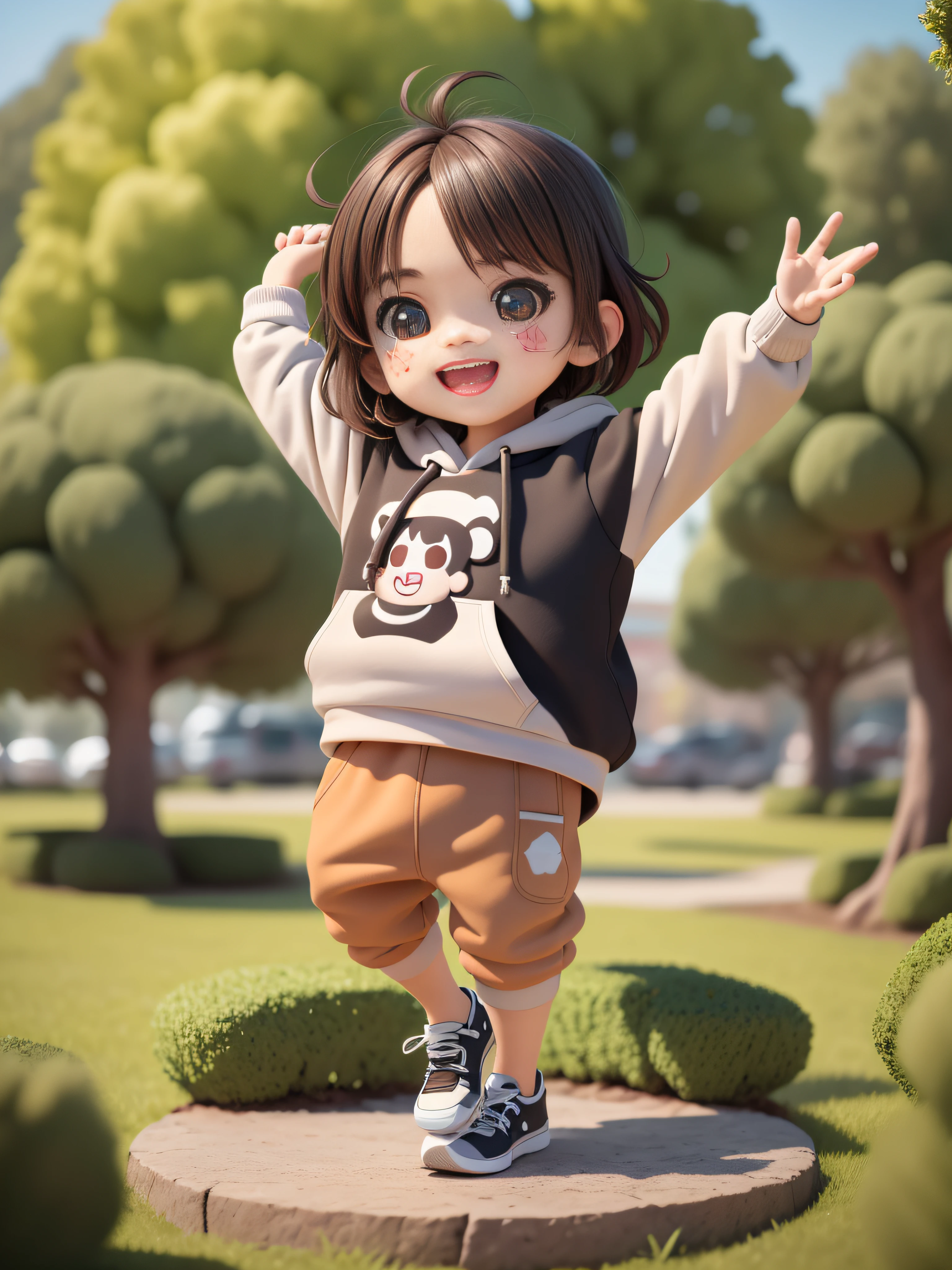 (masterpiece),(best quality),(ultra-detailed), (full body:1.2), a boy, chibi, cute, smile, open mouth, outdoors, dancing, dancing hip hop, jumping pose, hoodie, blush, tree, :3, shirt, short hair, brown hair, blush stripes stickers, long sleeves, black hair, sneakers, pants, (beautiful detailed face), (beautiful detailed eyes),