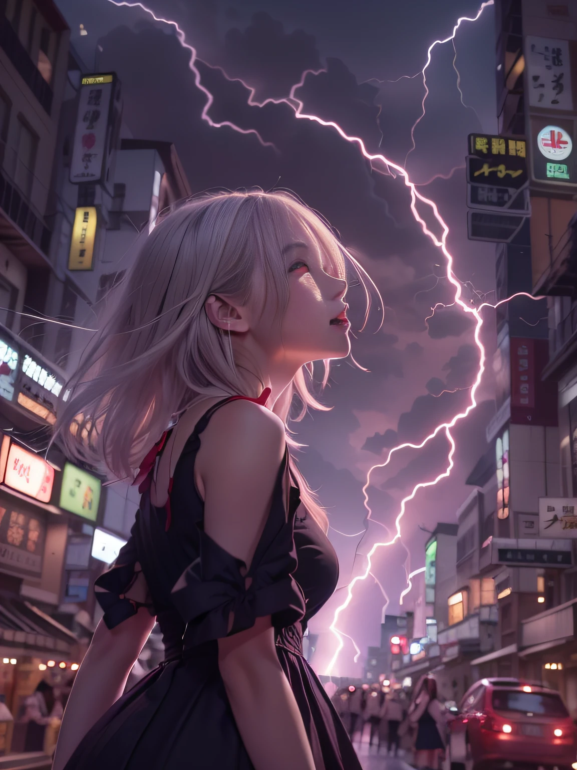 Black goth-rowley girl floating in the city with lightning,Gothloli albino girl floating in the city with one hand,Woman in black dress with red and black hair, Gothic Maiden girl, girl in black dress, 1 7 year old girl,Old Goth girl, an elegant gothic princess, artwork in the style of guweiz, in the art style of bowater, dreamy gothic girl, 8k high quality detailed art, gothic art style, wearing a gothic dress,closing,Wearing underwear,Red Eyes,Looking down,white  hair,Wind,Head tilt,White hair, Silver hair, Long hair, Blunt bangs, Straight hair, Big hair, expressive hair, (Red eyes that glow intensely:1.8), Downward eyes, (Red Eyes:1.5),small tits,Thin leg,Crazy, Disappointed,wide Shots,wide angles,sideshot,3 views,,(Close up portrait of a person in a black dress flies over the city:1.7),People fleeing the busy streets of the city lined with shops々々々々々々々々々々, busy street, Street crowded with people, photograph of the city street, japanese downtown, Traditional Cities of Japan, Busy streets,busy cityscape, bustling city, Crowded with people, Bustling streets in the moon, crowdedstreets, shutterstock, Bustling small town streets,bad weather、A huge amount of purple lightning came out of the girl's hand and hit the city,Dark clouds cover the city pierced by clouds of lightning, Lightning clouds, Atmospheric lightning, Pink lightning, With thunderstorms, Dark storm with lightning, Dramatic purple lightning, Lightning in the sky, Contrast Lightning, thunderstorm in the sky, Lightning in the background, With lightning, Stormy weather with lightning, Upper volumetriclightning,Effect of wearing purple aura,(Control a large number of lightning with open arms:1.4),Destroy the city with a girl's lightning attack,Called nose,Lightning effect on both hands,Countless balls glowing purple around the girl,goddess of lightning, Storm, Storm outside, She attracts a lot of purple lightning,