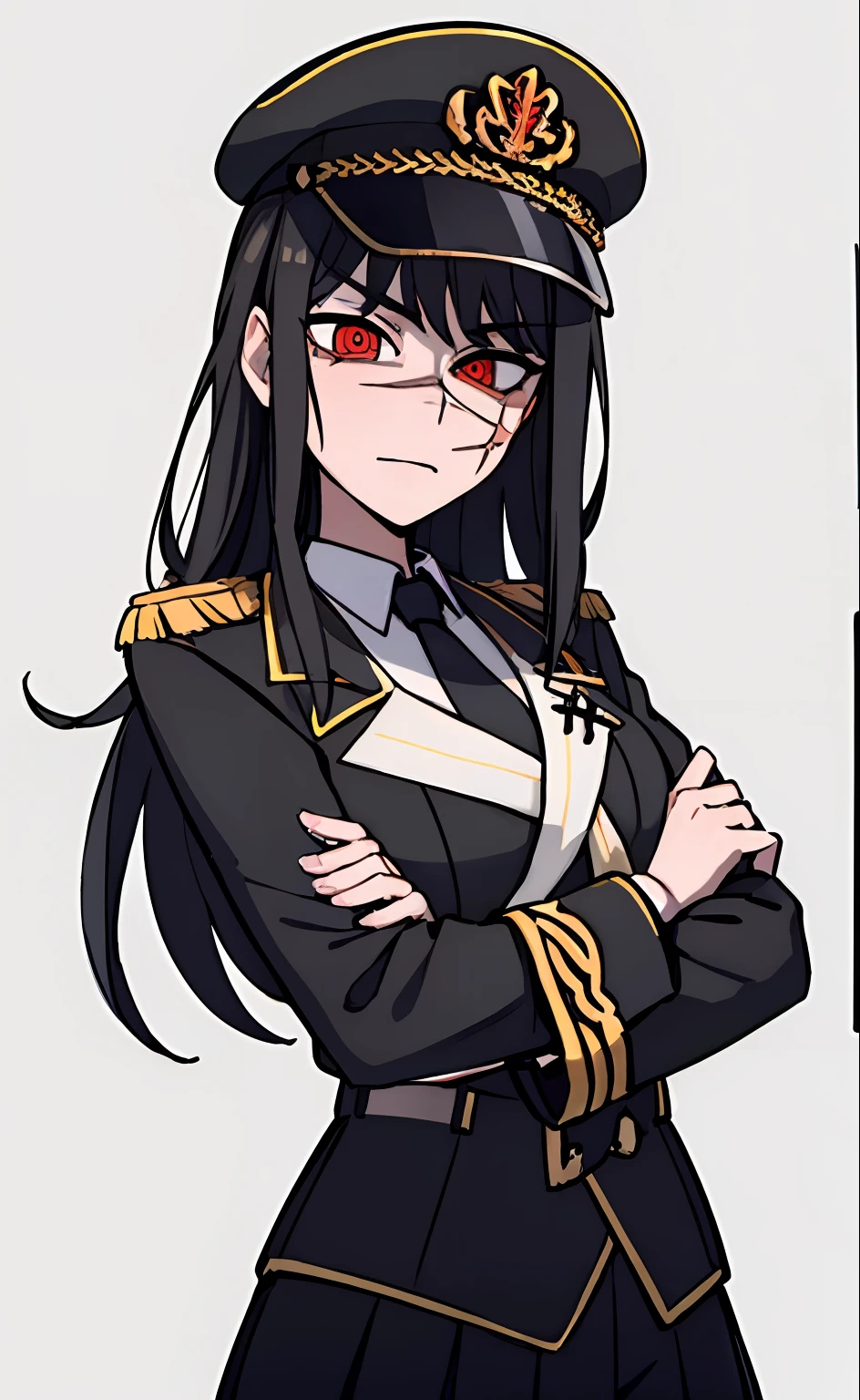 (masterpiece, best quality: 1.2), Solo, 1girl, Yoru \(Chainsaw Man\), looking at the viewer, different poses, red eye, long hair, completely black hair, reference to clothing of a German WWII general, black long sleeves (best quality), scar on face, beautiful eyes, has only 2 arms, has war medals on his clothes,  Black Military Cap, Golden Eagle Medal on Clothing, (Wallpaper), (8K HD), (8K HD), Golden Shoulder Pads, Sprites, 1 Single Design (obra maestra, mejor calidad: 1.2), Solo, 1girl, Yoru \(Chainsaw Man\), mirando al espectador, sonrisa, MALVADA, diferentes poses, ojo rojos, cabello largo, cabello completamente negro, reference to clothing of a German general from World War II, mangas largas negras (mejor calidad), cicatriz en la cara, hermosos ojos, tiene solo 2 brazos, tiene medallas de guerra en su ropa, Gorra militar negra, Golden Eagle Medal in Dress, (fondo de pantalla), (8K HD), (8K HD), hombreras doradas, sprites, 1 single design