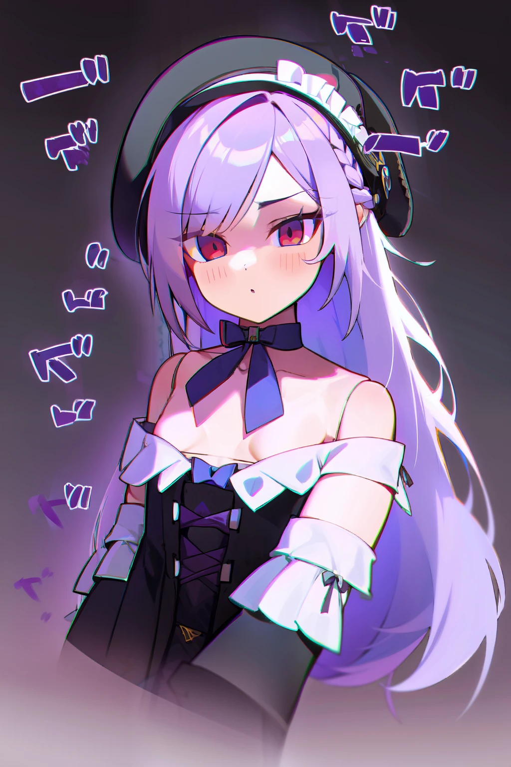 masterpiece, illustration, best quality, menacingjojo, ++, 1girl, solo, light purple hair, long hair, french braid, single sidelock, red eyes, multicolored eyes, small breasts, flat chest, loli, victorian dress, embellished dress, black dress, corset, neckwear, off-shoulder dress, frills, doll, doll joints, ++, text, upper body, portrait, cold, neutral