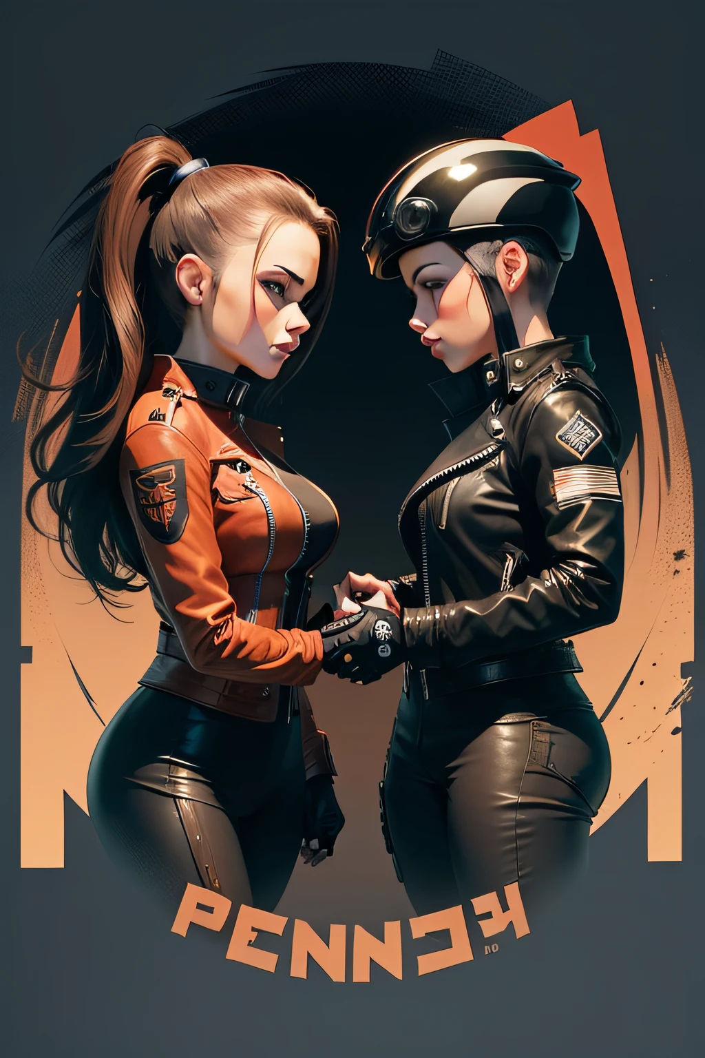 Two biker characters woman joining handshake friendship in vector