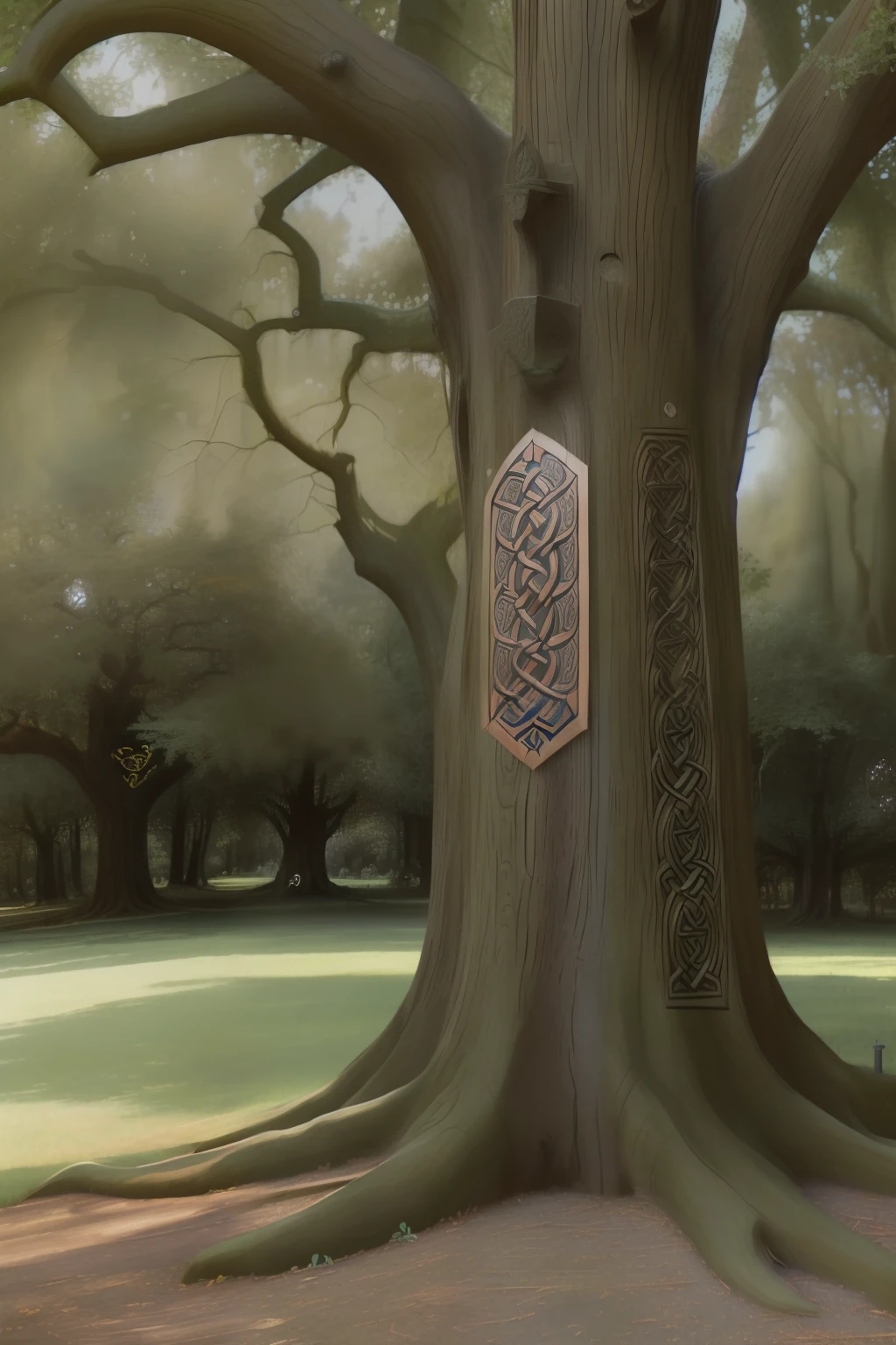 (((Pre-Raphaelite painting of a Celtic craftsman who carved a Celtic symbol on the trunk of an oak tree, Floresta encantada)))