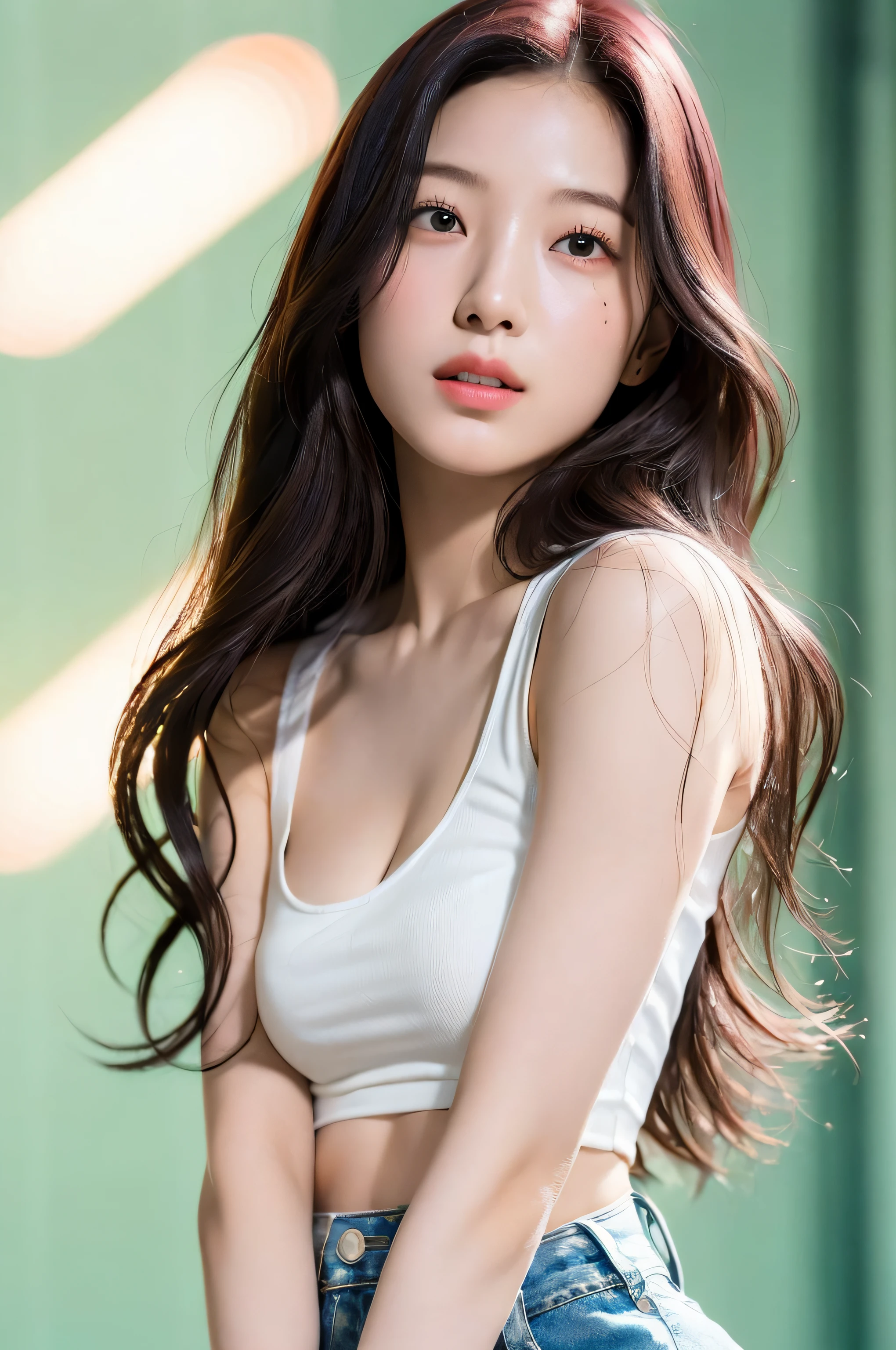 1girl, (super:1.2), ((White shirt:1.2)), RAW Photography, (Photorealsitic:1.37, realisitic), high-definition CG unified 8K wallpapers, Look at viewers, ((straight from front))), (HQ Skin:1.8, shinny skin), 8K UHD, Digital SLR, Soft lighting, high-level image quality, film grains, FujifilmXT3, ((The upper part of the body:1.6)), (Pro lighting:1.6)、frombelow、Emphasizes cleavage、off shoulders、no-bra、Best ratio of four fingers and one thumb、arms below breasts、Moist eyes