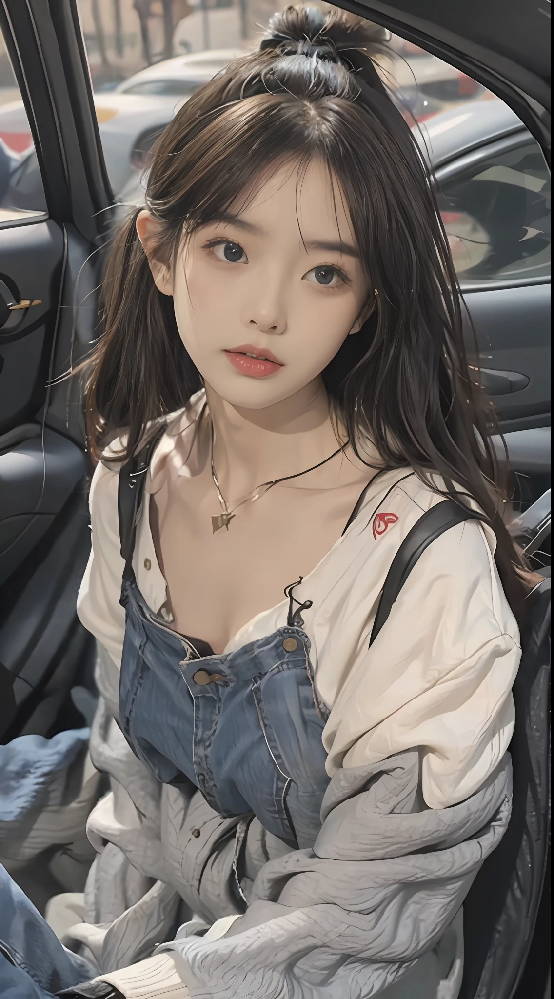 best qualtiy,tmasterpiece,8K分辨率,(realisticlying:1.2),RAW photogr,(Evening street),1个Giant Breast Girl,黑The eye,looking at viewert,long whitr hair,Light makeup,cparted lips,tiny ears,whitet-shirt,denim short,耳Nipple Ring,Sit in Ferrari,Bigchest,Slim