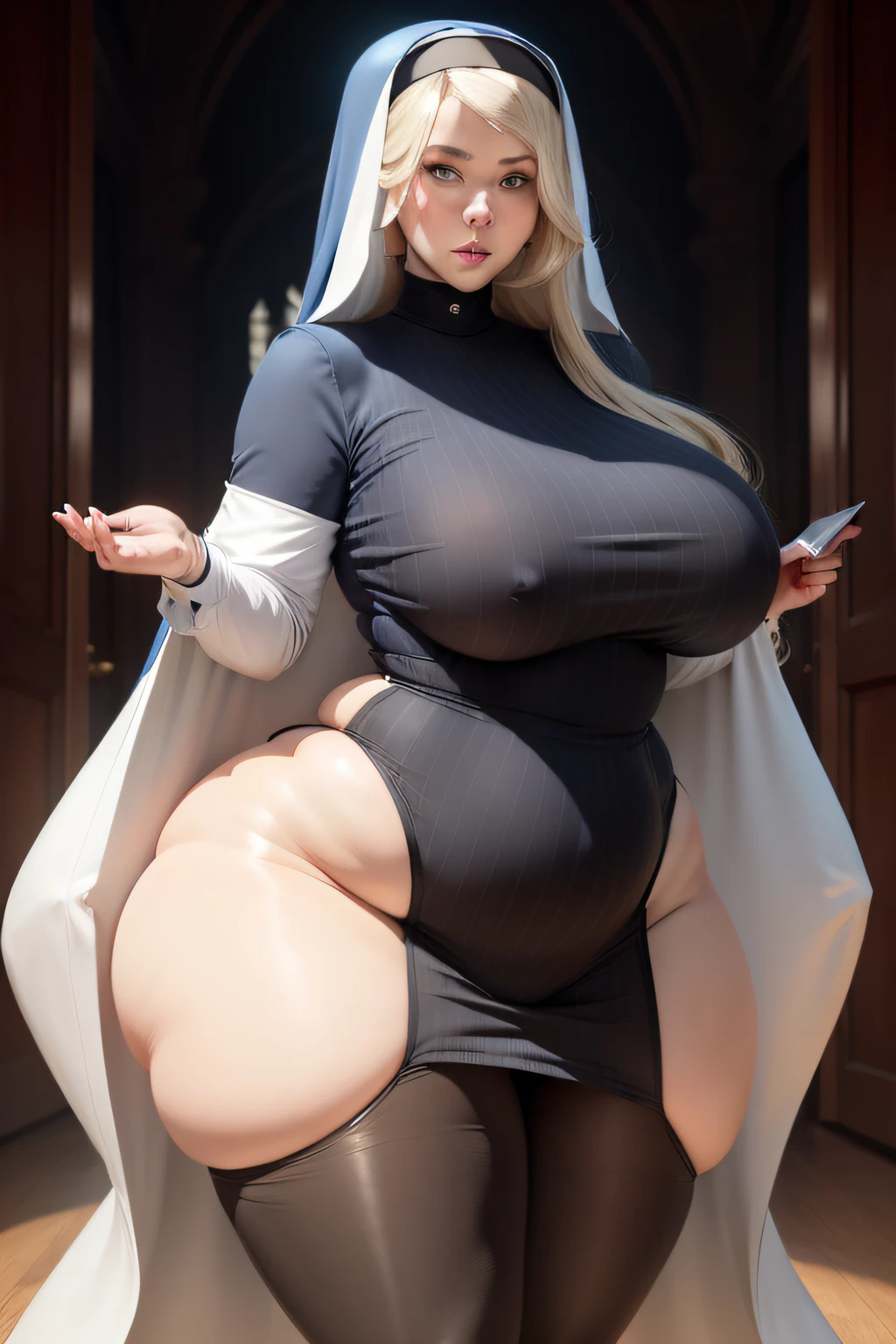 woman, nun, 1girl, blonde long hair, blue eyes, nun tight clothing, BBW, milf, chubby stomach, thick thighs, very large breast, very large round butt, mature lady, mature, chubby, BBW
