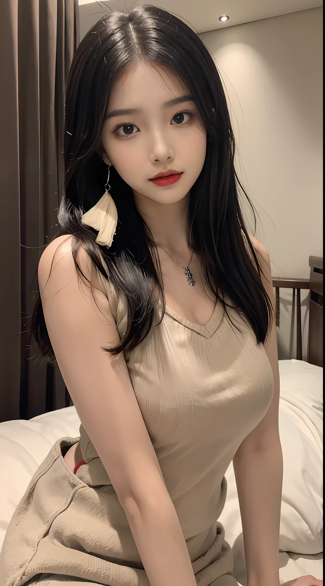 (tmasterpiece)，Best quality at best，8K分辨率，3D，A beautiful girl，Wear suspenders，With a necklace，There is a beauty mole under the corner of the left eye ，perfect body figure，((Beautiful detailed face))，(full bodyesbian:1.2)，Black color hair（Untidy），Delicate makeup，Redlip，Oily lips，long eyelasher，With silver earrings，Big bright eyes，eye shadows，Lying silkworm，cinmatic lighting，cute female child，Works of masters，high detal，The picture is colorful，Light and shadow details，Extremely delicate beautiful girl，Supple and fair skin，Exquisite facial features，s the perfect face，Stunning beauty，extremy detailed，Realistic details，face to the viewer，, sharp fokus:1.2, 1girll