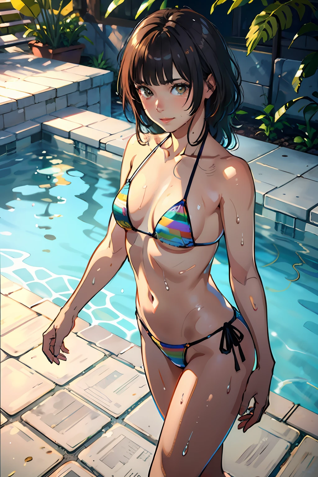 ((masterpiece,best quality)), highres, realistic, extremely detailed 8K wallpaper, depth_of_field, (colorful),(delicate eyes and face), volumatic light, ray tracing, full body, KR1, Brown eyes, Blunt bangs, nice hand, Perfect hands, (minimum micro bikini:1.2), Small breasts, Wet, in poolside, Smile, standing,