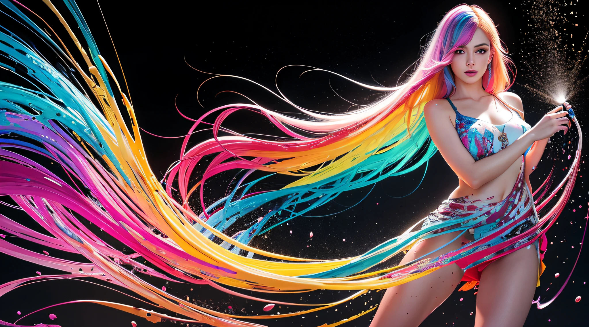 8k, RAW photo, realistic, photo-realistic, hyper-realistic, highest quality, best quality, masterpiece, highly detailed, absurdres,
masterpiece, best quality, (extremely detailed CG unity 8k wallpaper, masterpiece, best quality, ultra-detailed, best shadow), (detailed background), (beautiful detailed face, beautiful detailed eyes), High contrast, (best illumination), 1girl, Australian, multicoloured hair, beautiful, ((colourful paint splashes on transparent background, dulux)), ((caustic)), dynamic angle,beautiful detailed glow,full body, cowboy shot,