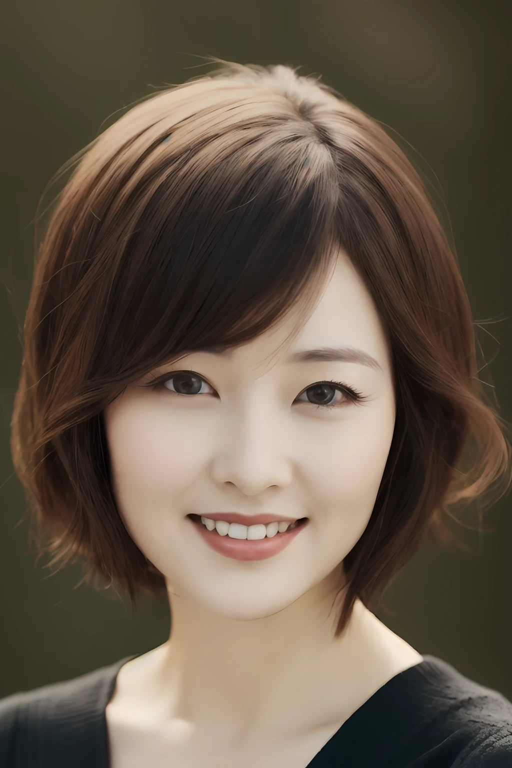 a woman in 30s,Short hair is as dark as spring, sympathetic face, Brown eyes. Light smile