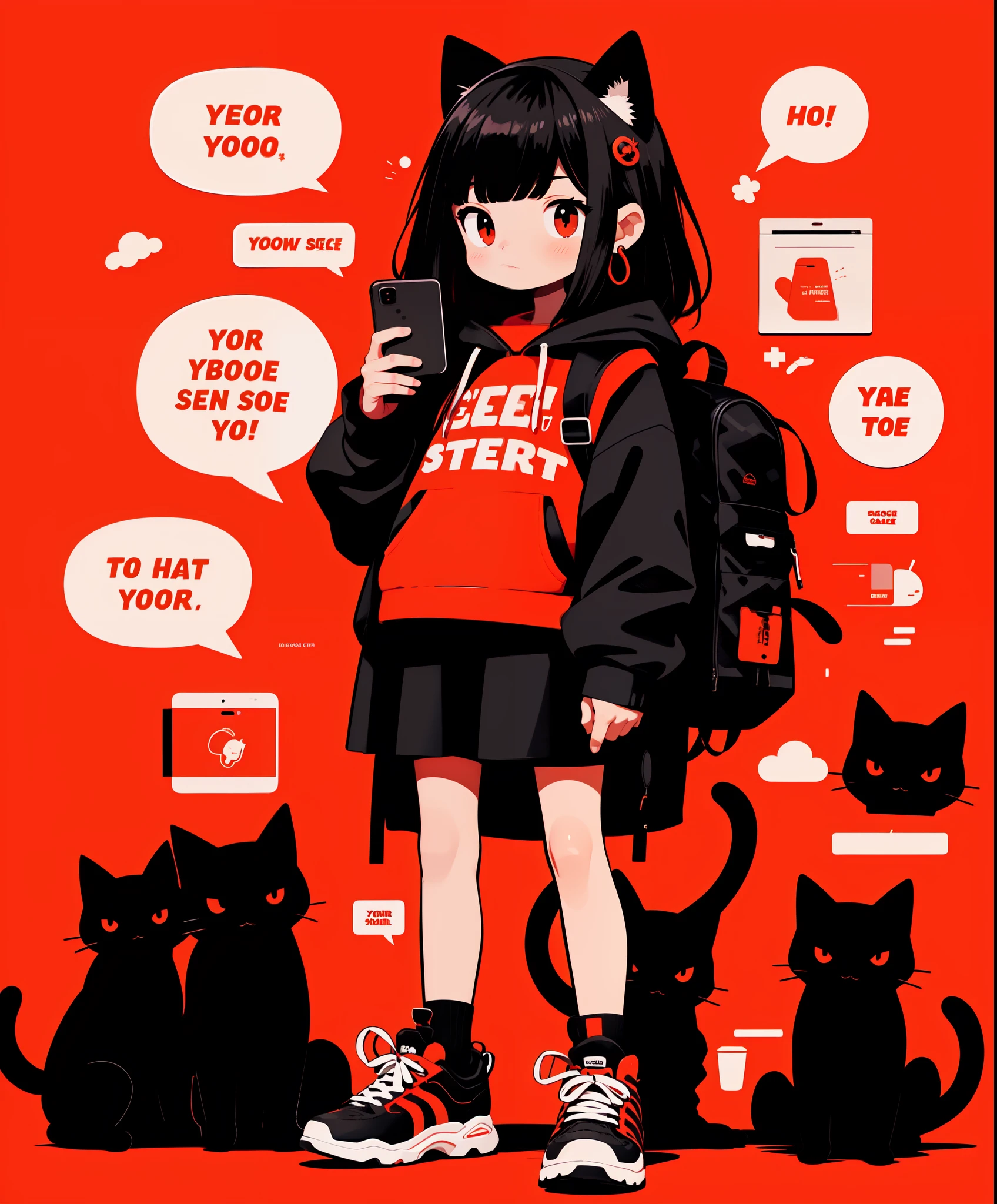 1girl, red eyes, red background, hood, backpack, cat, red hoodie, drawstring, black hair, shoes, hood down, hoodie, long sleeves, solo, bag, holding, hair ornament, english text, socks, earrings, white footwear, bangs, looking at viewer, jewelry, sneakers, phone, standing, blush, full body, skirt, medium hair, black socks, hairclip, red theme, speech bubble, holding phone, closed mouth, cellphone, sleeves past wrists, animal, short hair, simple background, black skirt,