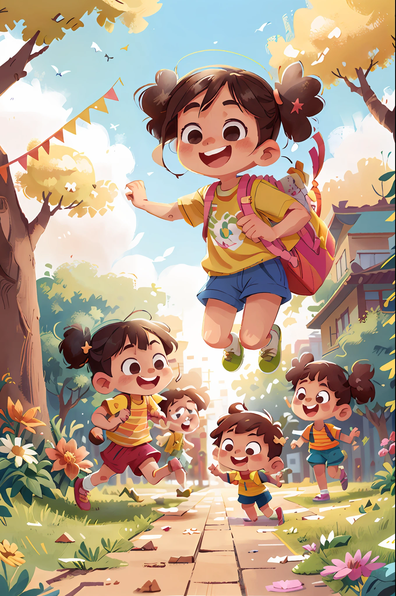 Poster design, (SFW), childrens, Felizes, sorrindo, correndo, brincando, Spring Departure, Feliz, Background is a park interspersed on Chinese Street, qualidade perfeita, Foco claro, Colouring, rosto perfeito, detalhes intrincados, angle of view ultra-low, lente grande angular
