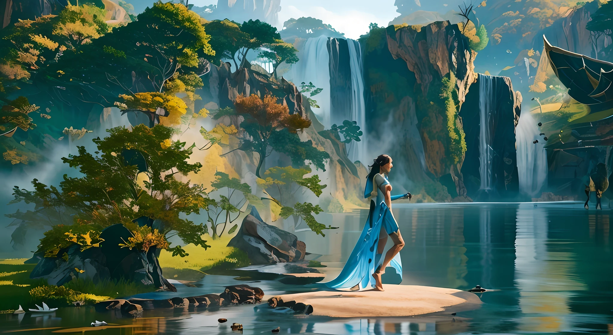 pintura de uma mulher em um vestido azul em, vestido aberto, coxas grossas, pernas a mostra, Foot on a rock near a waterfall, Arte de fantasia 4k, 4K fantasia detalhe, Unreal Engine Arte de fantasia, Epic Fantasy Digital Art Style, 2. 5 d cgi anime fantasia arte, Arte de fantasia 8k, arte digital de fantasia detalhada, Arte digital altamente detalhada em 4k, estilo de arte de fantasia, Ross Tran 8 K