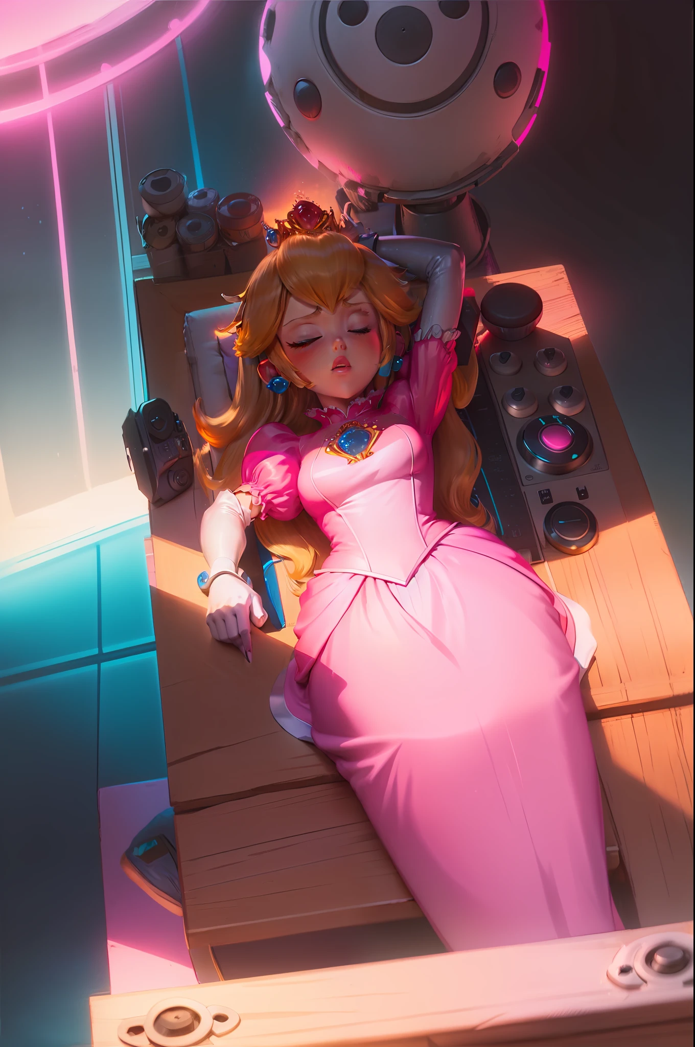 PrincessPeach sleeping resting recline on desk studying dj decks neon color lofi color