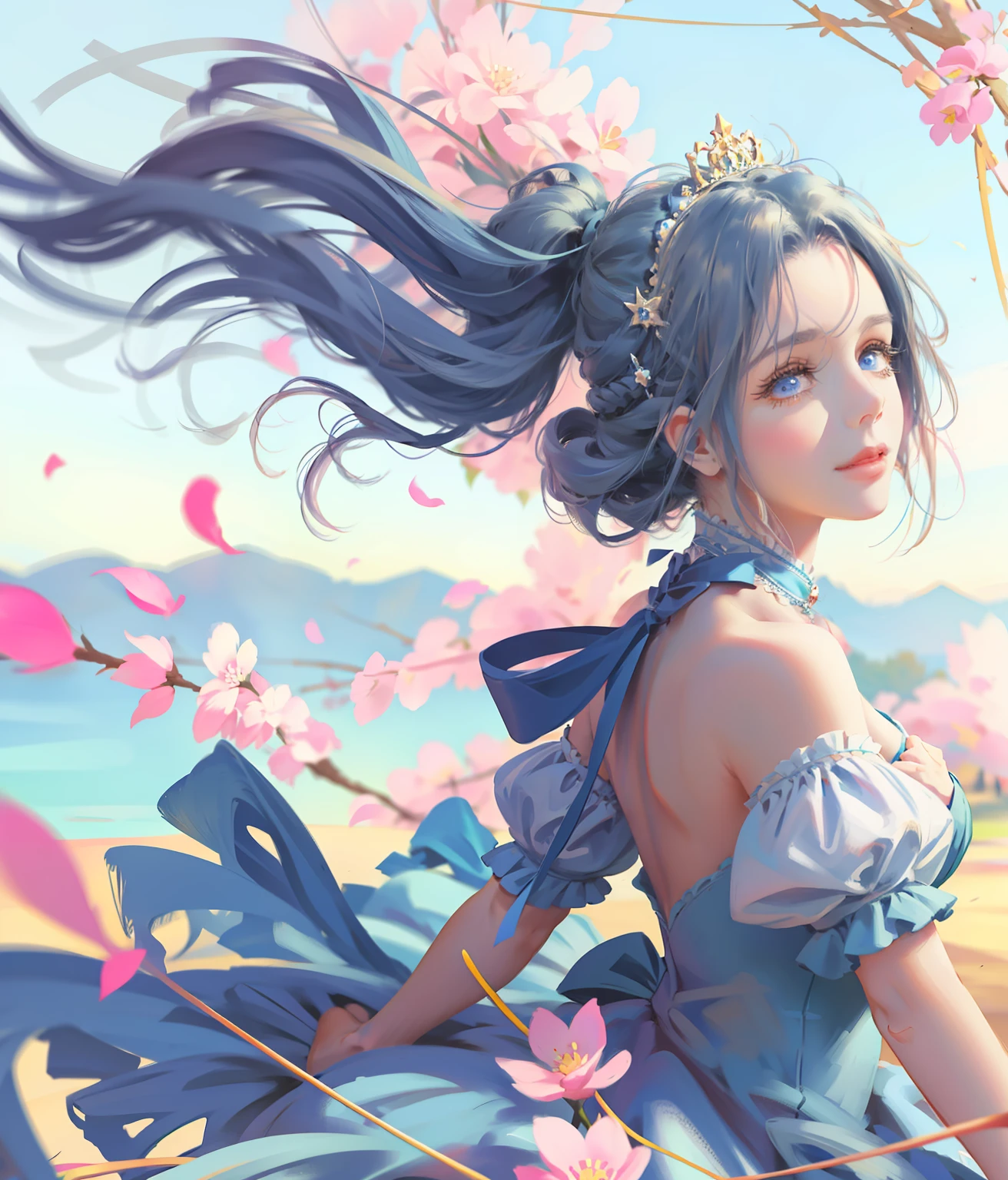 (ultraclear,A high resolution,Surprising detail,1girll,pony tails,Extremely curly hair,Delicate facial features)ssmile,long whitr hair,Hair soars,Blue ponytail and blue eyes,Anime girl in blue dress,tiara crown,Highly saturated color,Natural light,Anime princess, portrait of magical girl, loli in dress, Loli, Lolita prostitute,magical little girl, style of magical girl, Anime moe art style