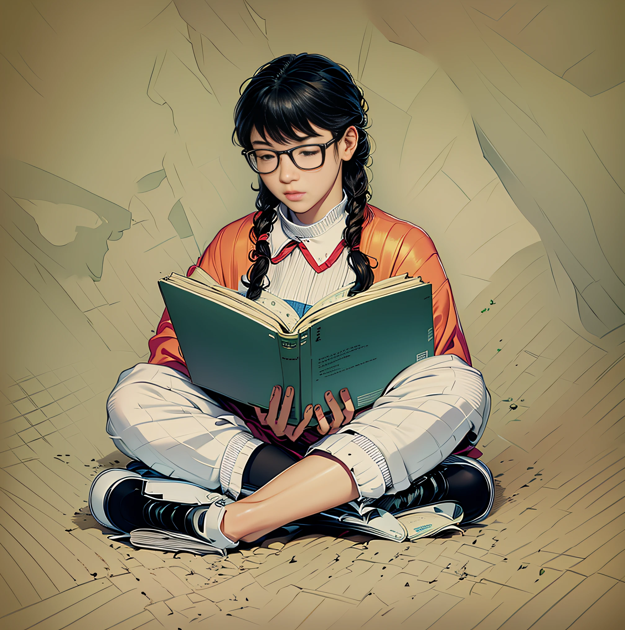 Girl sitting on the floor reading a book，neo-classical, Depth of field, Best quality, Super detail，Masterpiece，Manhwa Style，illustrated，Line art