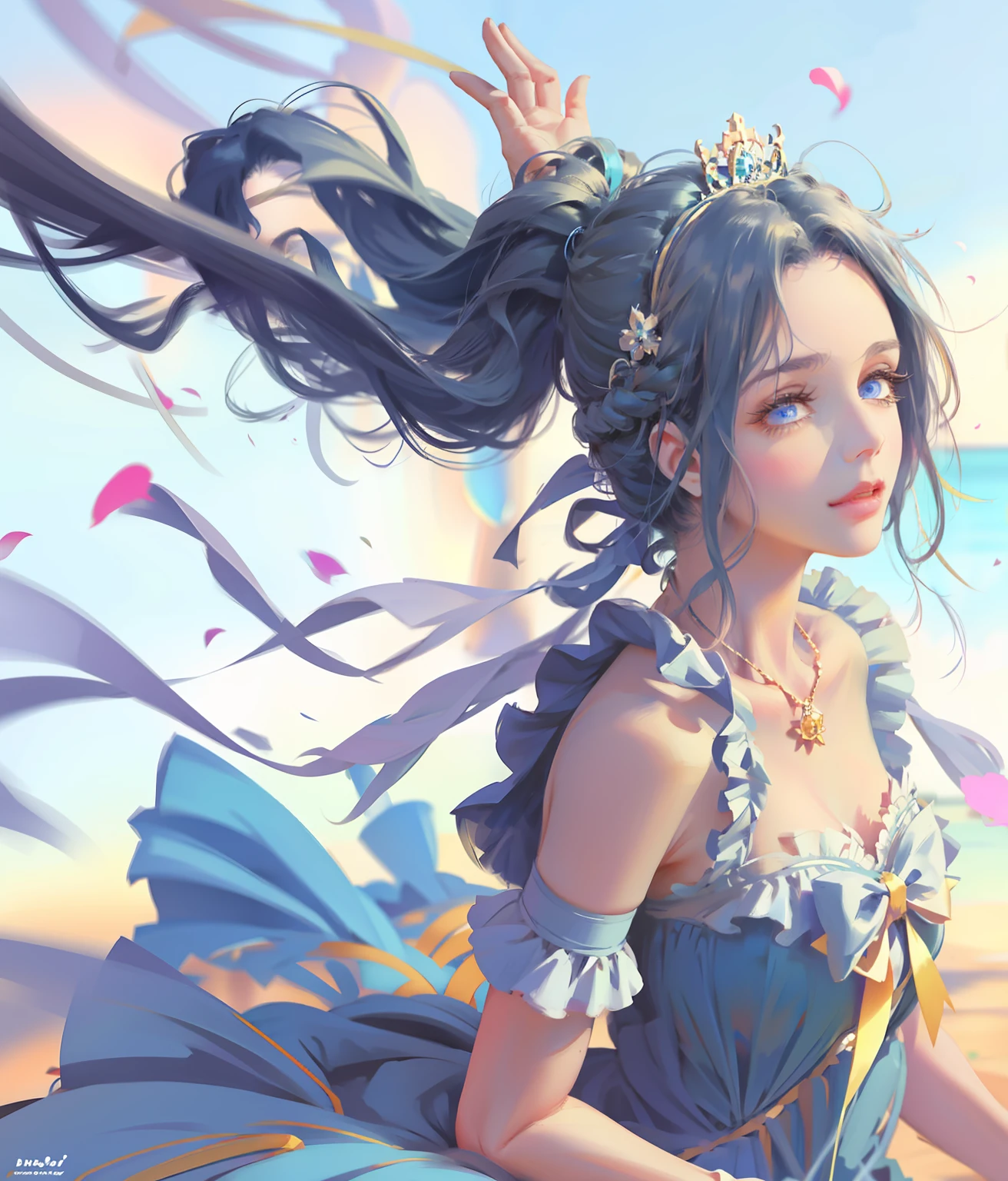 (ultraclear,A high resolution,Surprising detail,1girll,pony tails,Extremely curly hair,Delicate facial features)ssmile,long whitr hair,Hair soars,Blue ponytail and blue eyes,Anime girl in blue dress,tiara crown,Highly saturated color,Natural light,Anime princess, portrait of magical girl, loli in dress, Loli, Lolita prostitute,magical little girl, style of magical girl, Anime moe art style