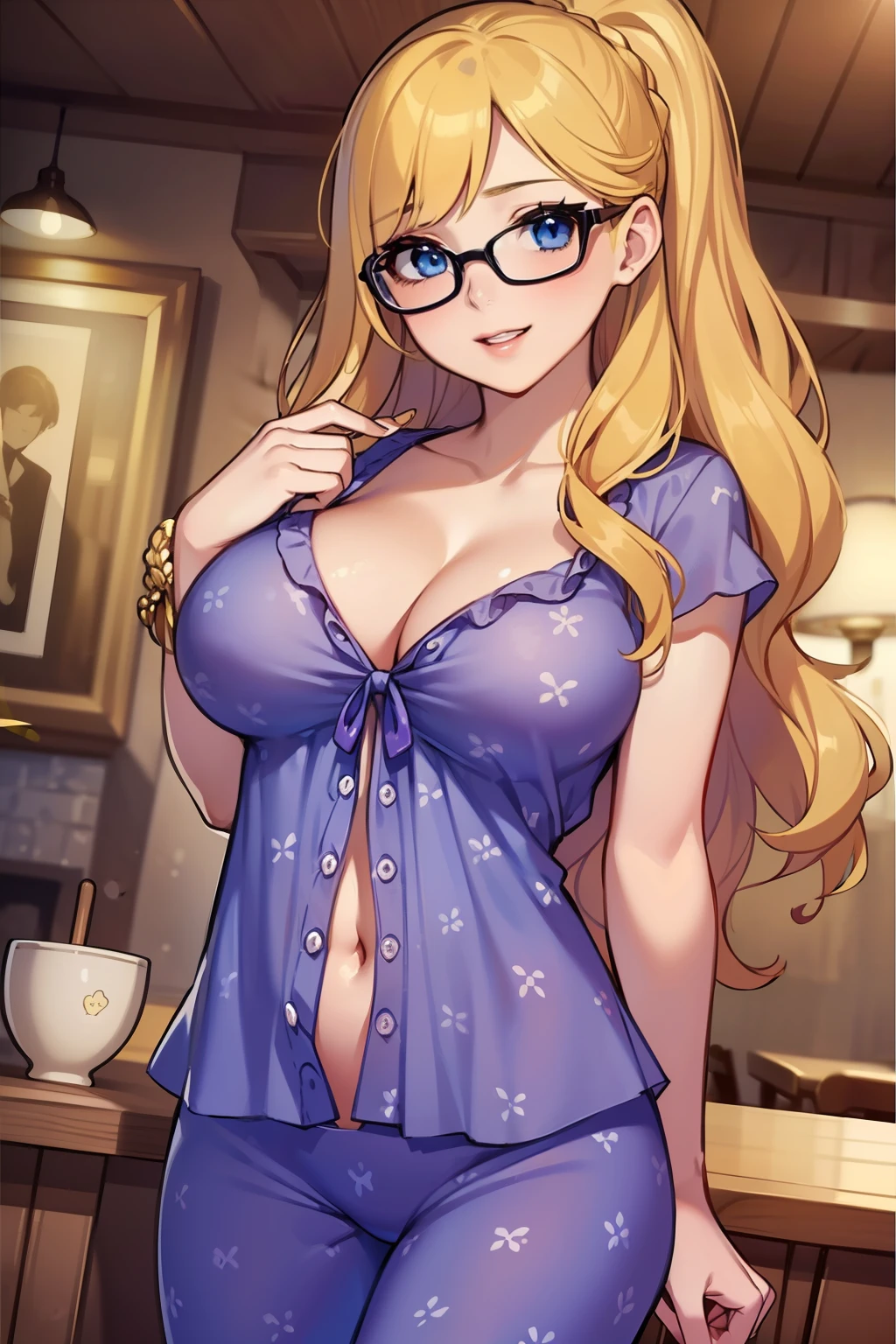 ((top quality)), ((masterpiece)), ((perfect face)), ((background blur)), (ultra detailed), sharp focus, Two beautiful ladies, dark blue eyes, (beautiful detailed eyes), blow hair, (hairdo vertical roll aristocrat daughter), Pale purple pajamas with cute pattern, slightly unbuttoned, cool, sexy, bosom showing, seductive, noble, focus on eyes, Drinking beer in a pub, bustling around, happy expression, Looking at viewer, dynamic angle, dynamic pose, close-up, view from below, Nipple bulge marks on pajamas, lipgloss, shiny lips, perfect lips, detailed lips, long wavy yellow blonde hair, round silver glasses