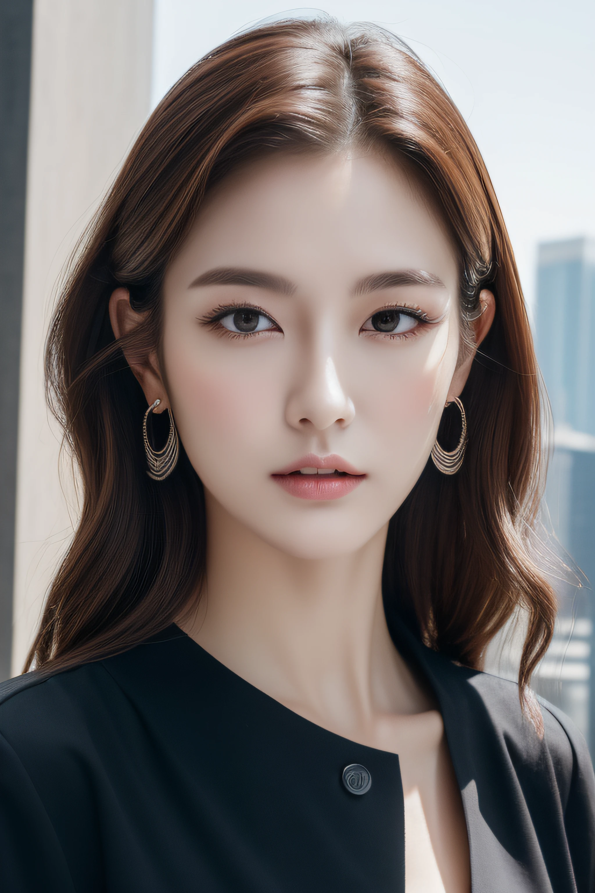 (Best quality, High resolution, Masterpiece :1.3), A tall and pretty woman, Slender abs, Dark brown hair styled in loose waves, Breasts, Wearing pendant, White button up shirt, Belt, Black skirt, (Modern architecture in background), Details exquisitely rendered in the face and skin texture, Detailed eyes, Double eyelid