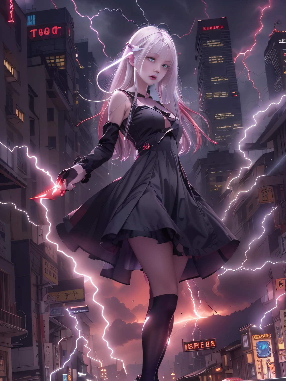Black goth-rowley girl floating in the city with lightning,Gothloli albino girl floating in the city with one hand,Woman in black dress with red and black hair, Gothic Maiden girl, girl in black dress, 1 7 girl,Old Goth girl, an elegant gothic princess, artwork in the style of guweiz, in the art style of bowater, dreamy gothic girl, 8k high quality detailed art, gothic art style, wearing a gothic dress,closing,Wearing underwear,Red Eyes,Looking down,white hair,Wind,Head tilt,White hair, Silver hair, Long hair, Blunt bangs, Straight hair, Big hair, expressive hair, (Red eyes that glow intensely:1.8), Downward eyes, (Red Eyes:1.5),small tits,Thin leg,Crazy, Disappointed,wide Shots,wide angles,sideshot,3 views,,(Close up portrait of a person in a black dress flies over the city:1.7),People fleeing the busy streets of a city lined with shops々々々々々々々々々, busy street, Street crowded with people, photograph of the city street, japanese downtown, Traditional Cities of Japan, Busy streets,busy cityscape, bustling city, Crowded with people, Bustling streets in the moon, crowdedstreets, shutterstock, Bustling small town streets,bad weather、A huge amount of purple lightning came out of the girl's hand and hit the city,Dark clouds cover the city pierced by clouds of lightning, Lightning clouds, Atmospheric lightning, Pink lightning, With thunderstorms, Dark storm with lightning, Dramatic purple lightning, Lightning in the sky, Contrast Lightning, thunderstorm in the sky, Lightning in the background, With lightning, Stormy weather with lightning, Upper volumetriclightning,Effect of wearing purple aura,(Control a large number of lightning with open arms:1.4),Destroy the city with a girl's lightning attack,Called nose,Lightning effect on both hands,Countless balls glowing purple around the girl,goddess of lightning, Storm, Storm outside, She attracts a lot of purple lightning,