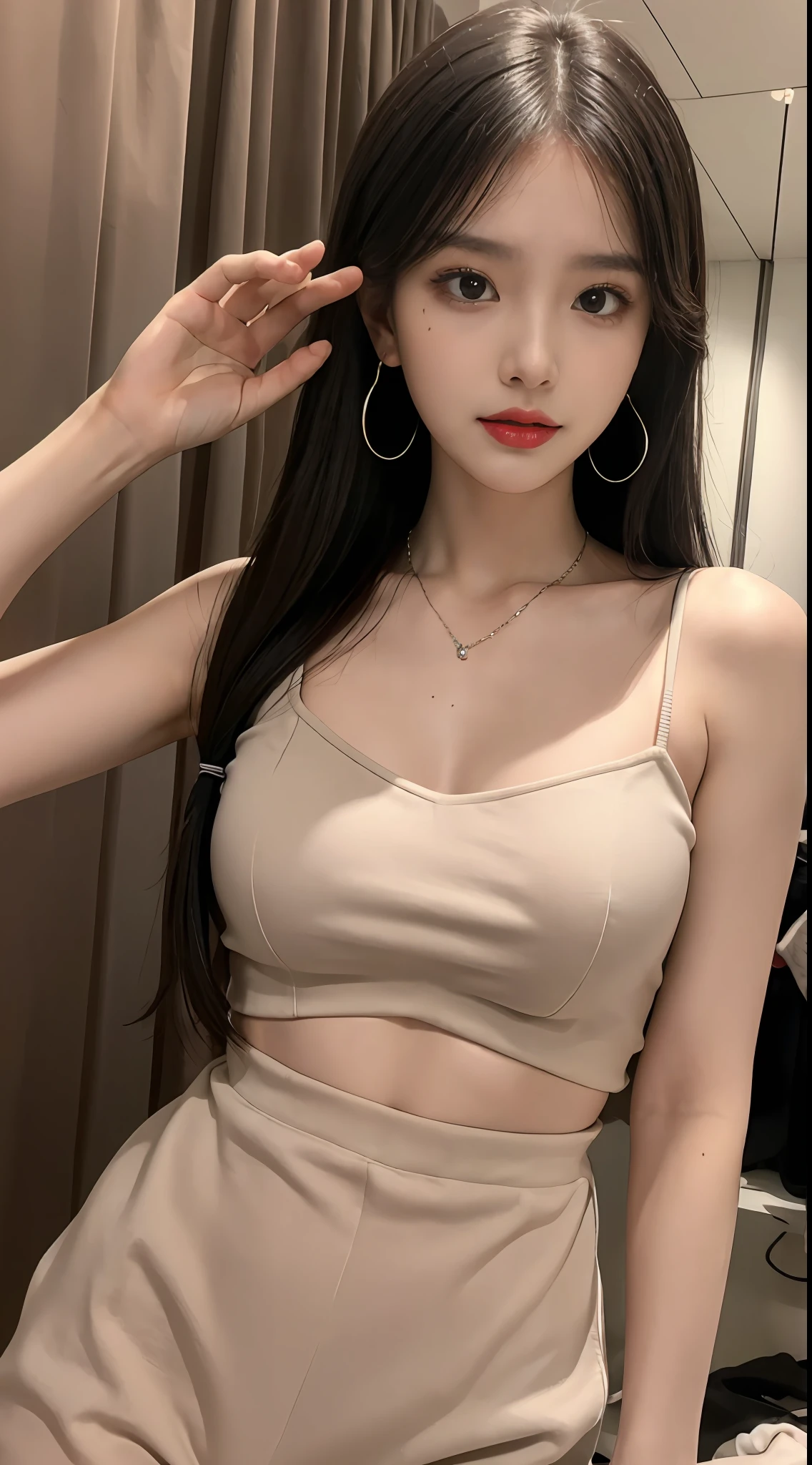 (tmasterpiece)，Best quality at best，8K分辨率，3D，A beautiful girl，Wear suspenders，With a necklace，There is a beauty mole under the corner of the left eye ，perfect body figure，((Beautiful detailed face))，(full bodyesbian:1.2)，Black color hair（Untidy），Delicate makeup，Redlip，Oily lips，long eyelasher，With silver earrings，Big bright eyes，eye shadows，Lying silkworm，cinmatic lighting，cute female child，Works of masters，high detal，The picture is colorful，Light and shadow details，Extremely delicate beautiful girl，Supple and fair skin，Exquisite facial features，s the perfect face，Stunning beauty，extremy detailed，Realistic details，face to the viewer，, sharp fokus:1.2, 1girll