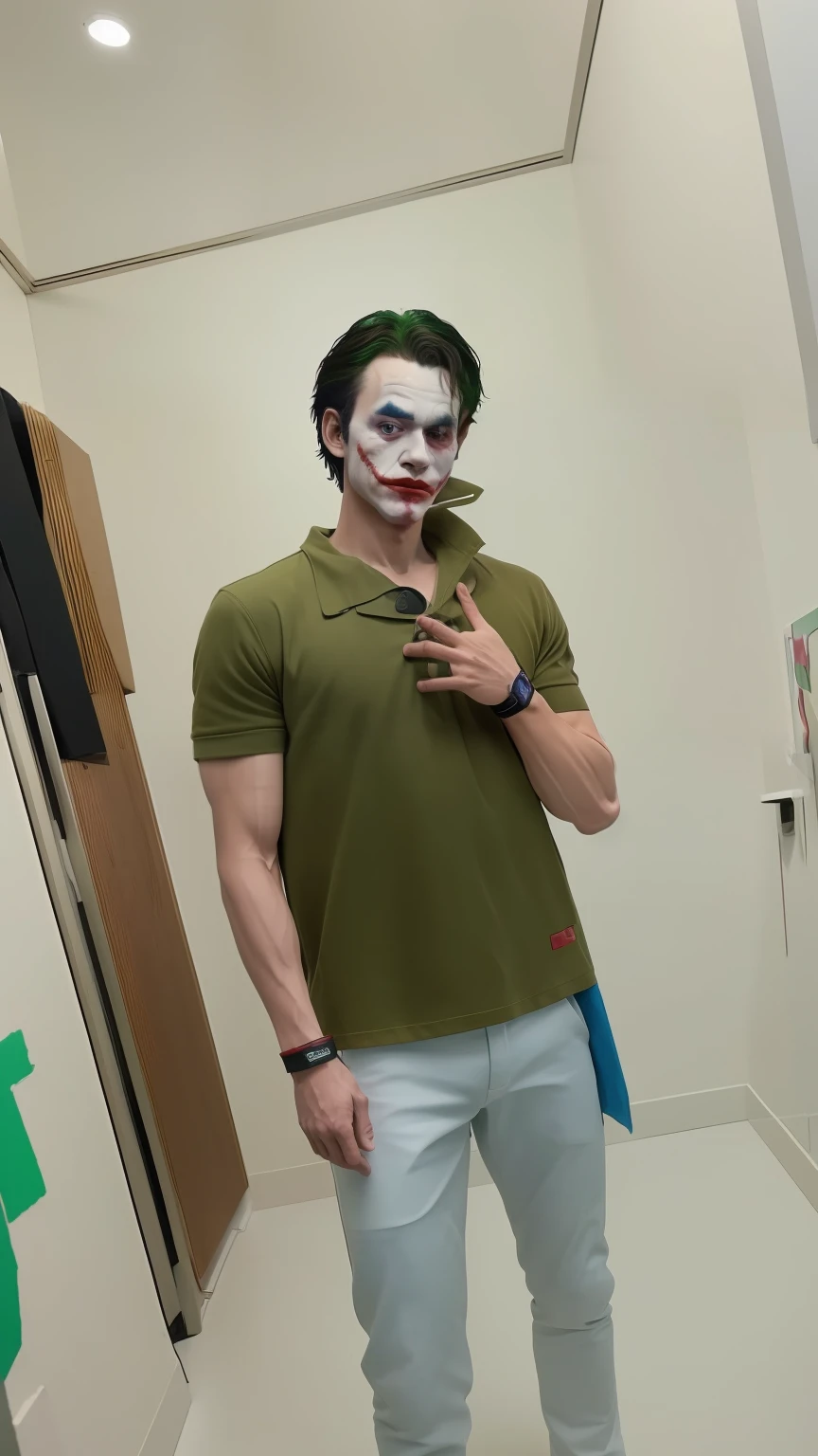 (8k, RAW photo, best quality, masterpiece:1.2), ultra detailed, official art, photo-realistic:1.37, upper body shot, DC Joker, film grain, action pose
