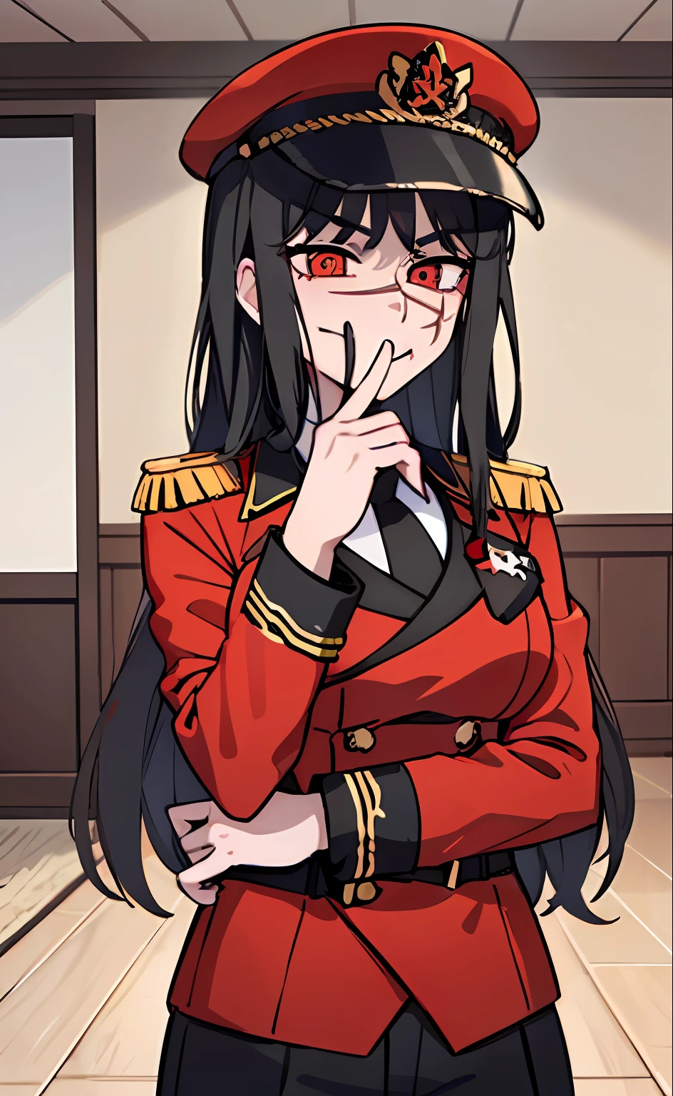 (masterpiece, best quality: 1.2), Solo, 1girl, Yoru \(Chainsaw Man\), looking at the viewer, different poses, red eye, long hair, completely black hair, reference to clothing of a German WWII general, black long sleeves (best quality), scar on face, beautiful eyes, has only 2 arms, has war medals on his clothes, Black Military Cap, Golden Eagle Medal on Clothing, (Wallpaper), (8K HD), (8K HD), Golden Shoulder Pads, Sprites, 1 Single Design (obra maestra, mejor calidad: 1.2), Solo, 1girl, Yoru \(Chainsaw Man\), mirando al espectador, sonrisa, MALVADA, diferentes poses, ojo rojos, cabello largo, cabello completamente negro, reference to clothing of a German general from World War II, mangas largas negras (mejor calidad), cicatriz en la cara, hermosos ojos, tiene solo 2 brazos, tiene medallas de guerra en su ropa, Gorra militar negra, Golden Eagle Medal in Dress, (fondo de pantalla), (8K HD), (8K HD), hombreras doradas, sprites, 1 single design