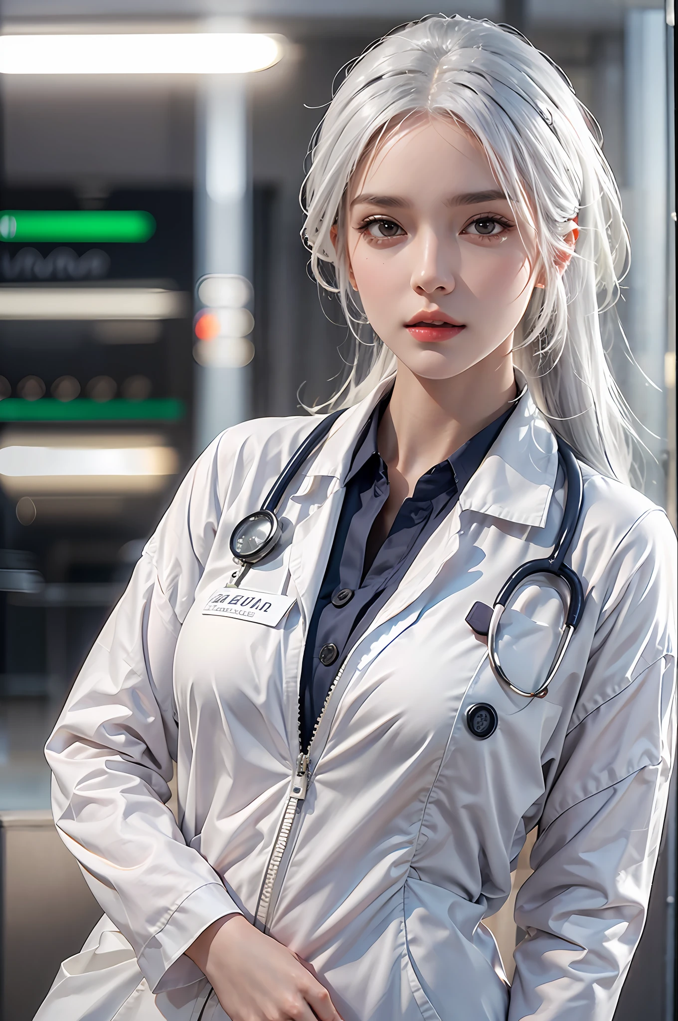 photorealistic, high resolution, 1 women, solo, hips up, look at viewer, (detailed face), white hair, Long Hair, doctor outfit, name tag