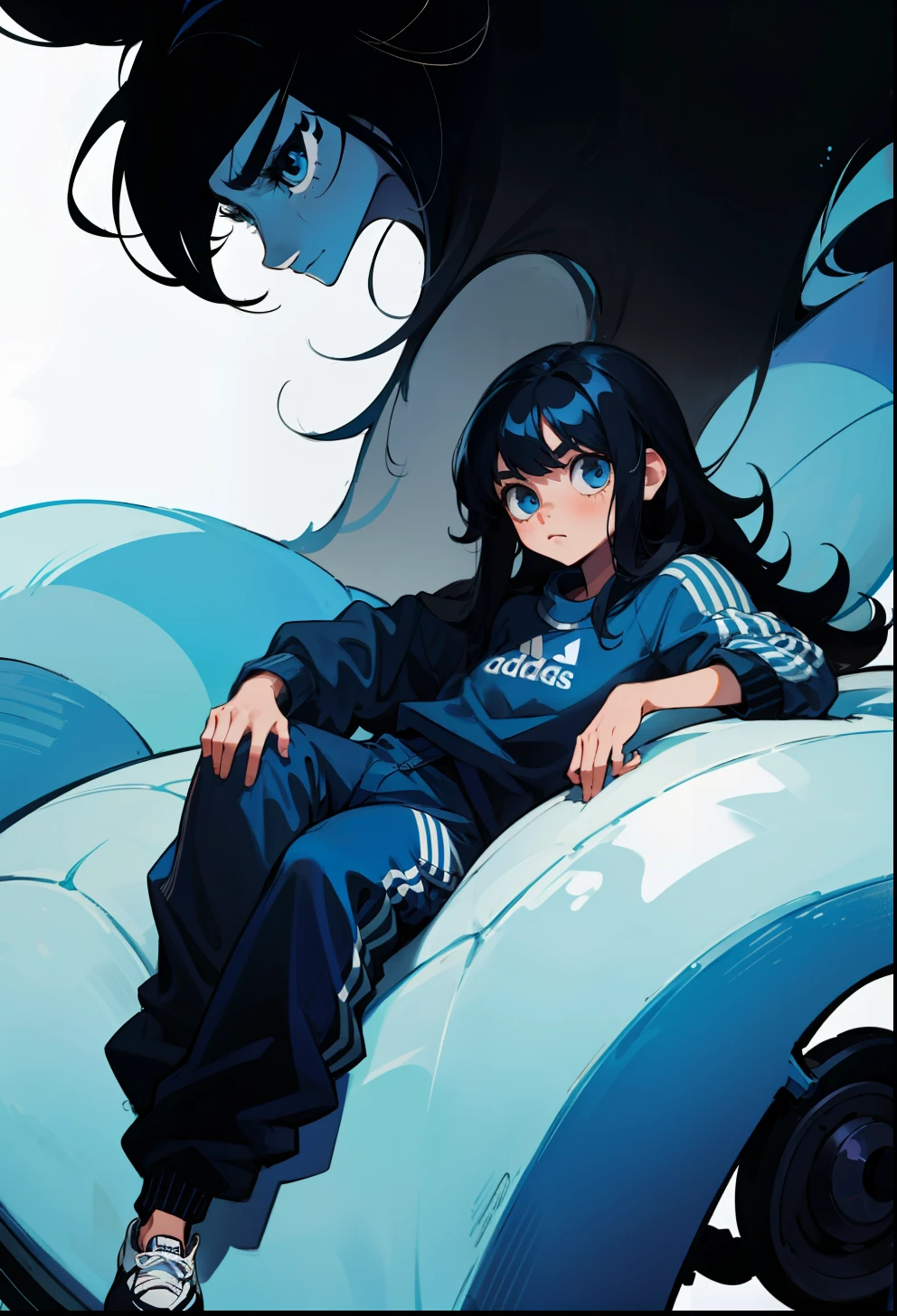 Blue-Black Hair, 1Girl, Adidas Clothing, Reclining pose, Long-haired,