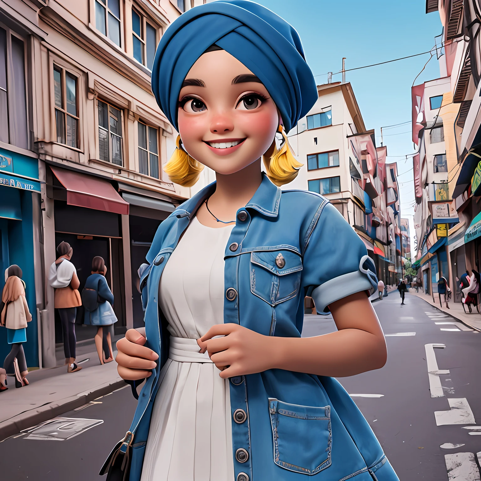 menina negra, adolescente, Vestido longo, sorriso claro, ao ar livre, turbante, Seu cabelo esta preso, tom azul claro e preto, corpo inteiro, The background is filled with an urban tone of the city, evoking a sense of lightness and happiness.