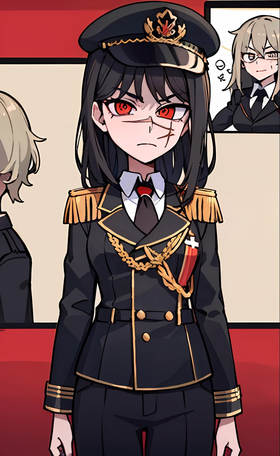(masterpiece, best quality: 1.2), Solo, 1girl, Yoru \(Chainsaw Man\), looking at the viewer, different poses, red eye, long hair, completely black hair, reference to clothing of a German WWII general, black long sleeves (best quality), scar on face, beautiful eyes, has only 2 arms, has war medals on his clothes,  Black Military Cap, Golden Eagle Medal on Clothing, (Wallpaper), (8K HD), (8K HD), Golden Shoulder Pads, Sprites, 1 Single Design (obra maestra, mejor calidad: 1.2), Solo, 1girl, Yoru \(Chainsaw Man\), mirando al espectador, sonrisa, MALVADA, diferentes poses, ojo rojos, cabello largo, cabello completamente negro, reference to clothing of a German general from World War II, mangas largas negras (mejor calidad), cicatriz en la cara, hermosos ojos, tiene solo 2 brazos, tiene medallas de guerra en su ropa, Gorra militar negra, Golden Eagle Medal in Dress, (fondo de pantalla), (8K HD), (8K HD), hombreras doradas, sprites, 1 single design