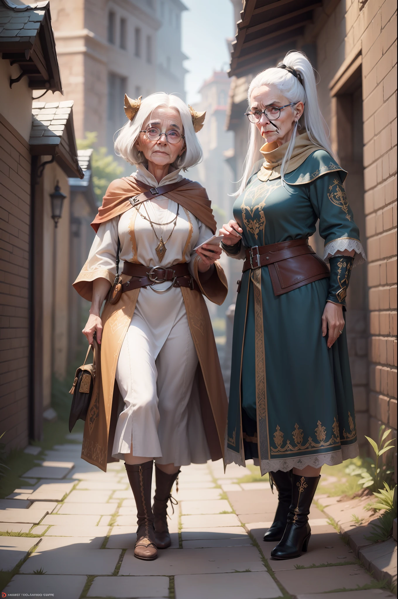 (full body), medieval middle age explorer old woman with crazy face and looking at a map, wears glasses, has long and pointed nose, has white hair and old woman's body, wears exploration outfit, holds map in hand, has big head, crazy old woman, crazy old woman, rpg character, full body image, 4k, Unreal engine, intricate, highly detailed, beautiful lighting, advanced quality, 8k, trending artstation, professional, dramatic, illustration, high quality, beautiful character, Premium portrait, F/22, symmetrical and dynamic poses, RPG, masterwork, advanced quality , beautiful lighting.