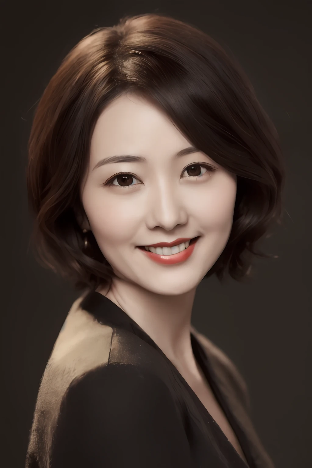 a woman in 30s,Short hair is as dark as spring, sympathetic face, Brown eyes. Light smile
