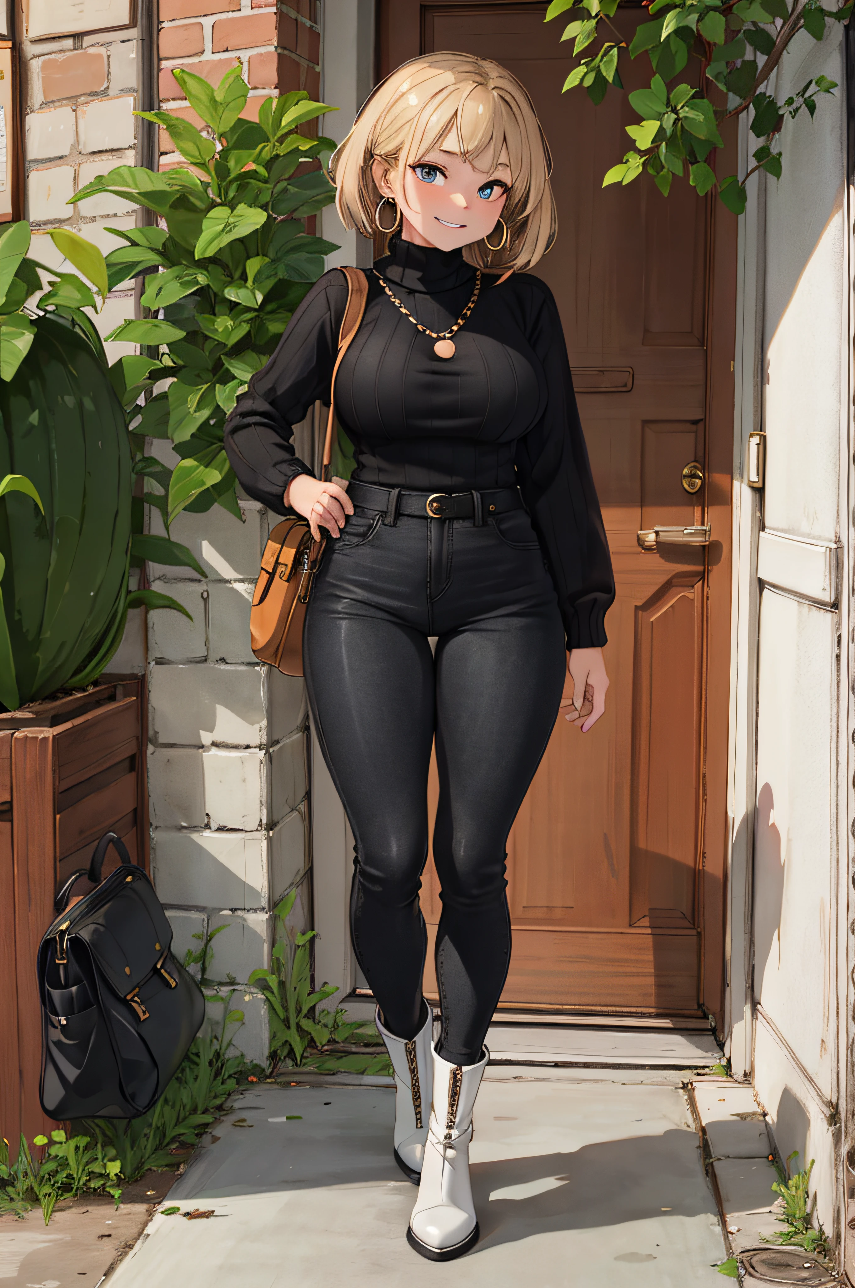 masterpiece, best quality,3girl,young girl, copper eyes, honey blonde, wedge cut,giddy _face,shiny skin,medium breasts,nice leg line:1.3,thick thighs, thin waist,, Keyhole_Sweater_white_keyhole_sweater, black_high-waisted_pants, black_ankle_boots, silver_hoop_earrings, black_crossbody_bag, , Cottage_garden,,looking at viewer,from front,full body