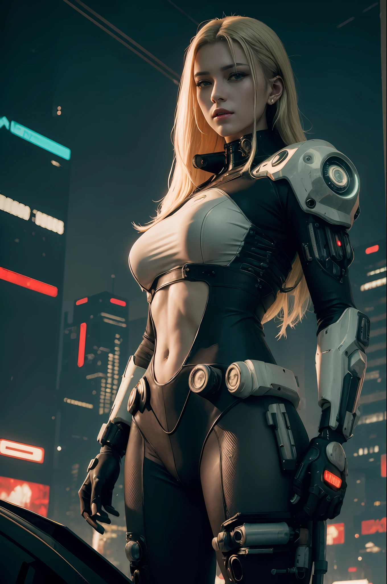 ((In the style of Cyberpunk)), beautiful, blonde, cyborg, mech, lightning, electrifying, technological prowess