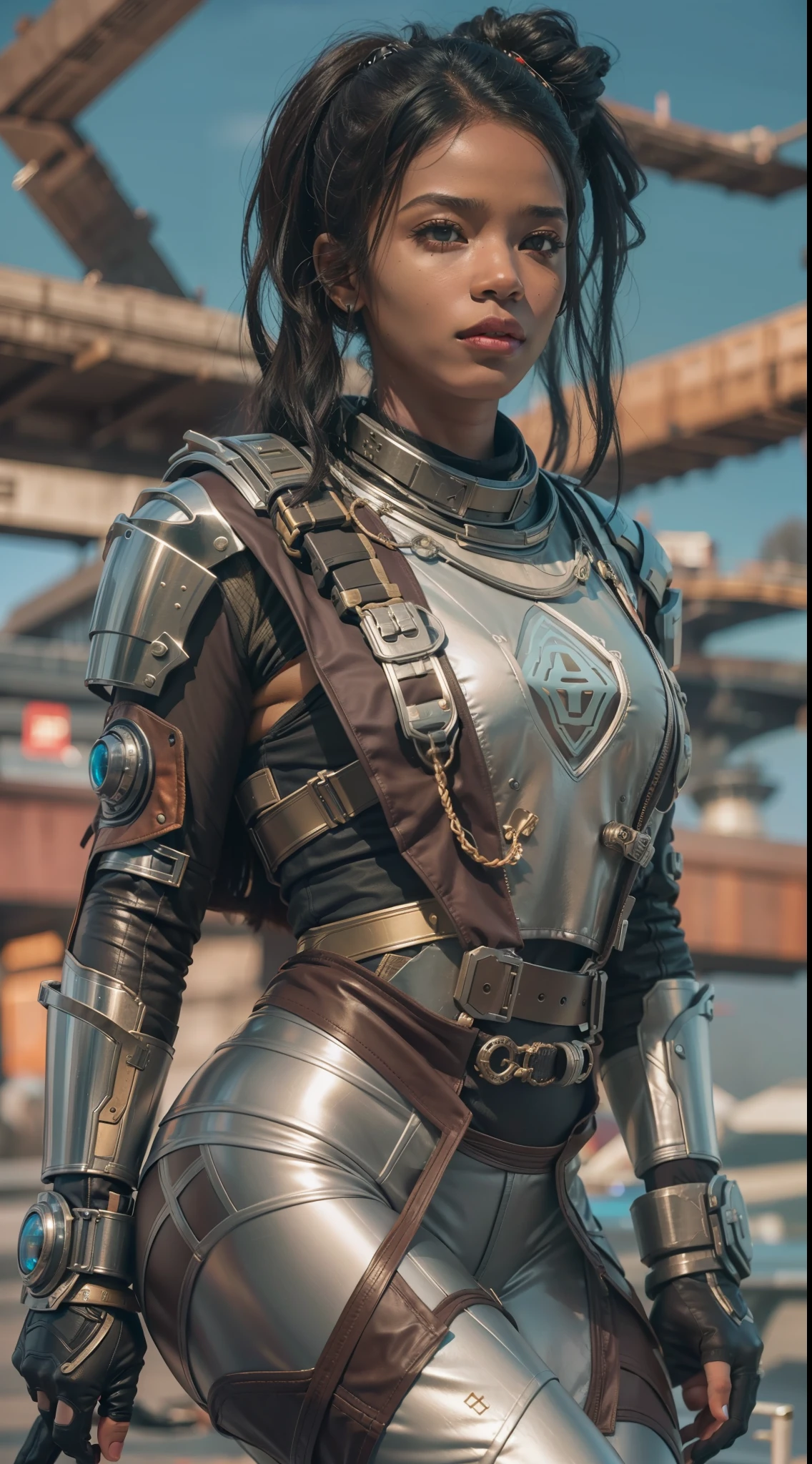 a woman in a futuristic outfit standing on a bridge, solo female character, afrofuturistic, sci-fi female, loba andrade from apex legends, female lead character, scifi woman, film still from movie dune-2021, afrofuturism style, sci fi female character, cyberpunk women, postapocalyptic vibes, dystopian sci-fi character, from warcraft