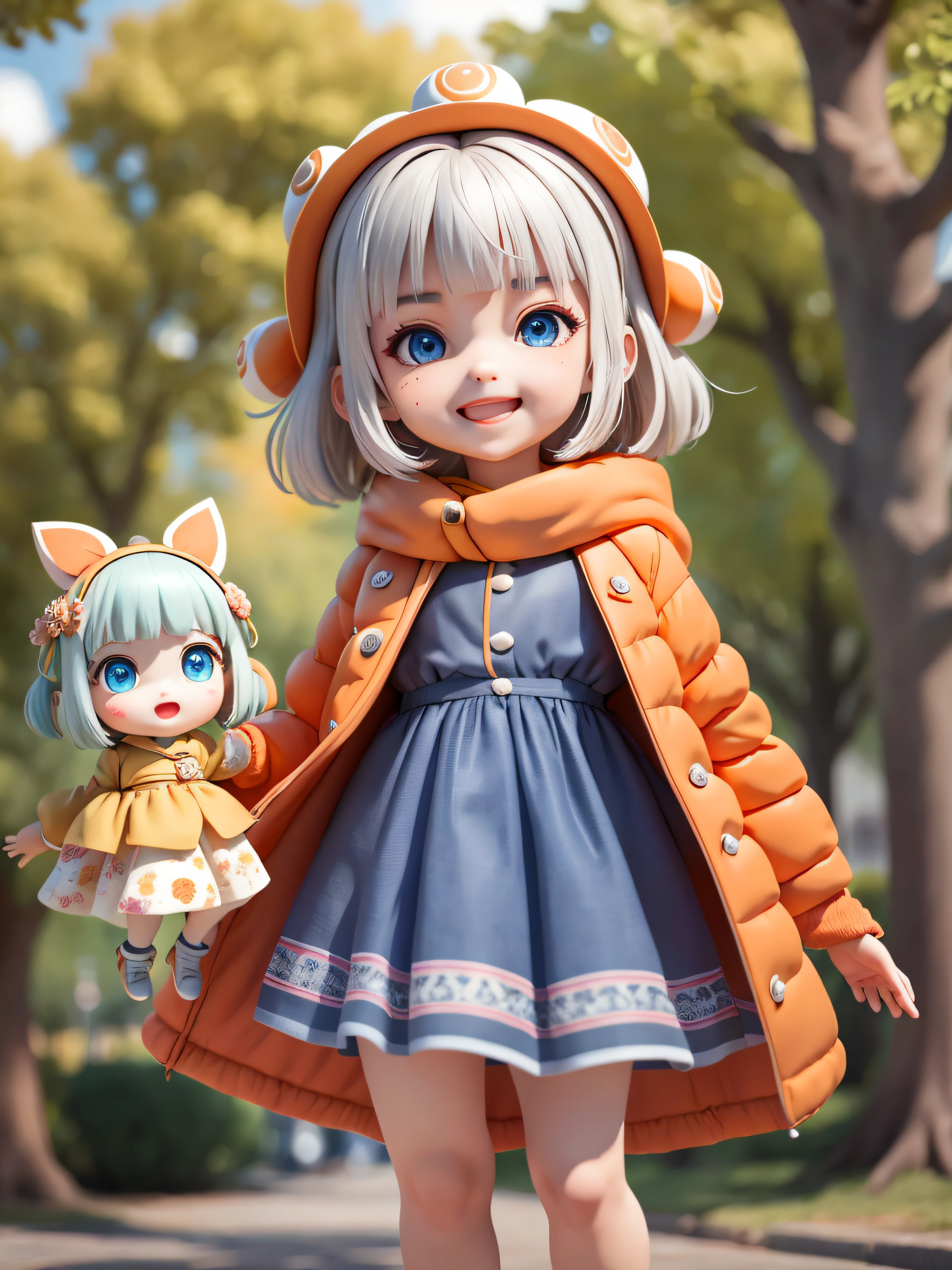 (Daisaku), (Extreme), (Ultra Detailed), (Prime: 1.9), 1girl, Sunshine, Cute, Orange, (Big Head: 1.8), Doll, Smile, Open Mouth, Urban, Fashion, Coat, Blush, Tree, Shirt, Short Hair, Orange, White Headdress, Blurry, Long Sleeves, Bangs, White Hair, (Beautiful and Delicate Face), (Beautiful and Delicate Eyes),