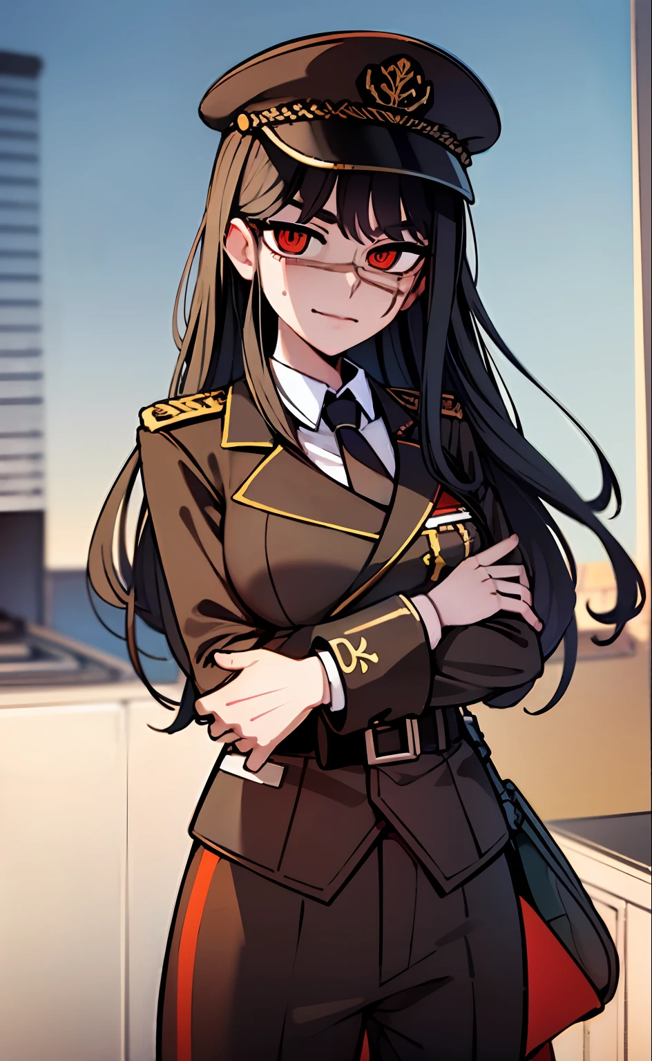(masterpiece, best quality: 1.2), Solo, 1girl, Yoru \(Chainsaw Man\), looking at the viewer, different poses, red eye, long hair, completely black hair, reference to clothing of a German WWII general, black long sleeves (best quality), scar on face, beautiful eyes, has only 2 arms, has war medals on his clothes,  Black Military Cap, Golden Eagle Medal on Clothing, (Wallpaper), (8K HD), (8K HD), Golden Shoulder Pads, Sprites, 1 Single Design (obra maestra, mejor calidad: 1.2), Solo, 1girl, Yoru \(Chainsaw Man\), mirando al espectador, sonrisa, MALVADA, diferentes poses, ojo rojos, cabello largo, cabello completamente negro, reference to clothing of a German general from World War II, mangas largas negras (mejor calidad), cicatriz en la cara, hermosos ojos, tiene solo 2 brazos, tiene medallas de guerra en su ropa, Gorra militar negra, Golden Eagle Medal in Dress, (fondo de pantalla), (8K HD), (8K HD), hombreras doradas, sprites, 1 single design