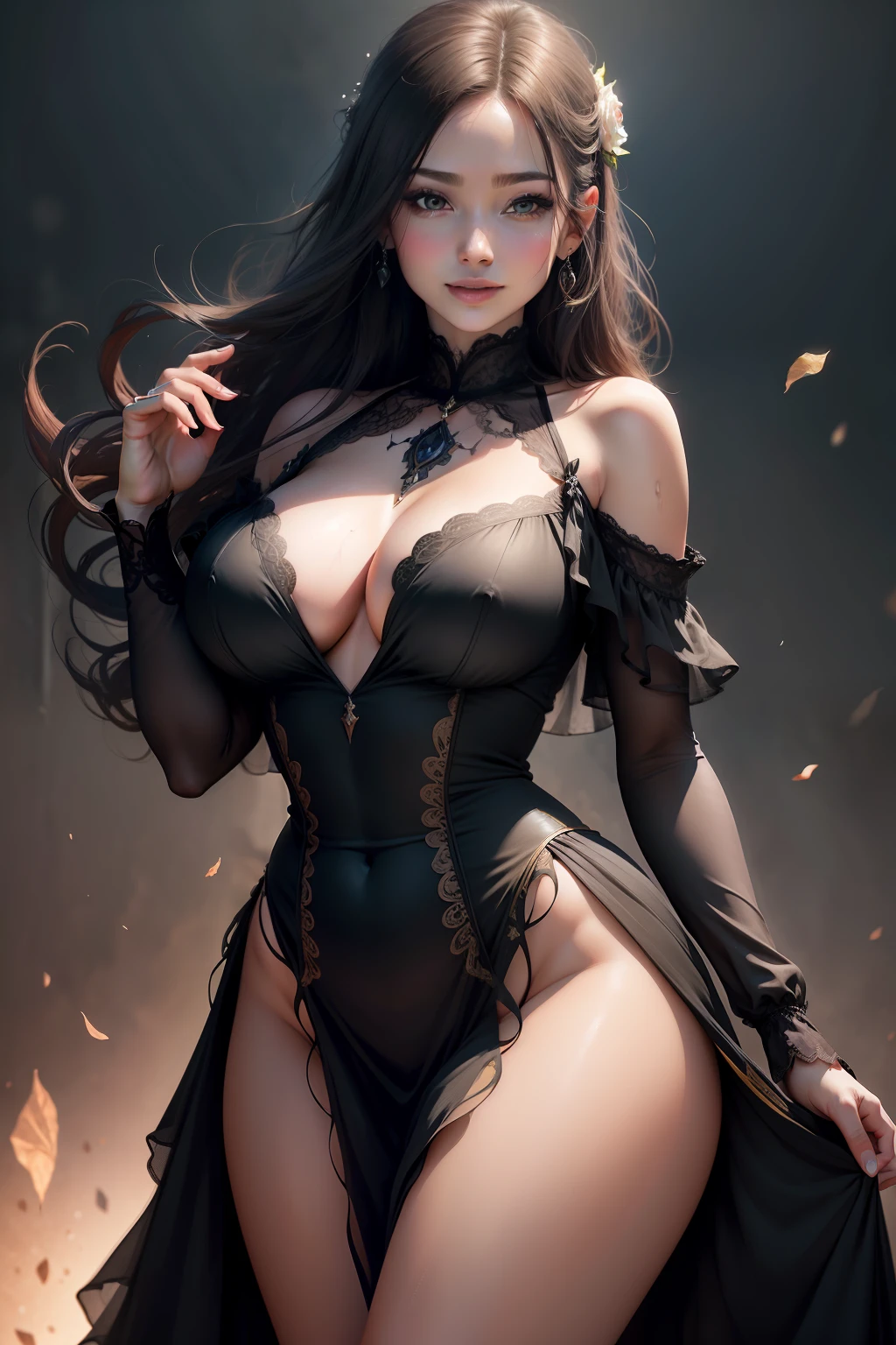 8k, super high quality, ((body from thighs up)), photo realistic, high detailed beautiful face and eyes, (5 fingers), (wearing chiffon dress Black), ( marble background), cute face, top quality, sweat, very delicate and beautiful, big tits, smile, nice body, high quality, realistic, fantasy, Realistic skin, full color, top quality, very delicate and beautiful, high detail raw color photo professional photo, solo, beautiful lips, looking forward, smiling, top quality, fantasy, realistic skin, full color, 20 years old, high detail raw photo, photo reality, tilting head